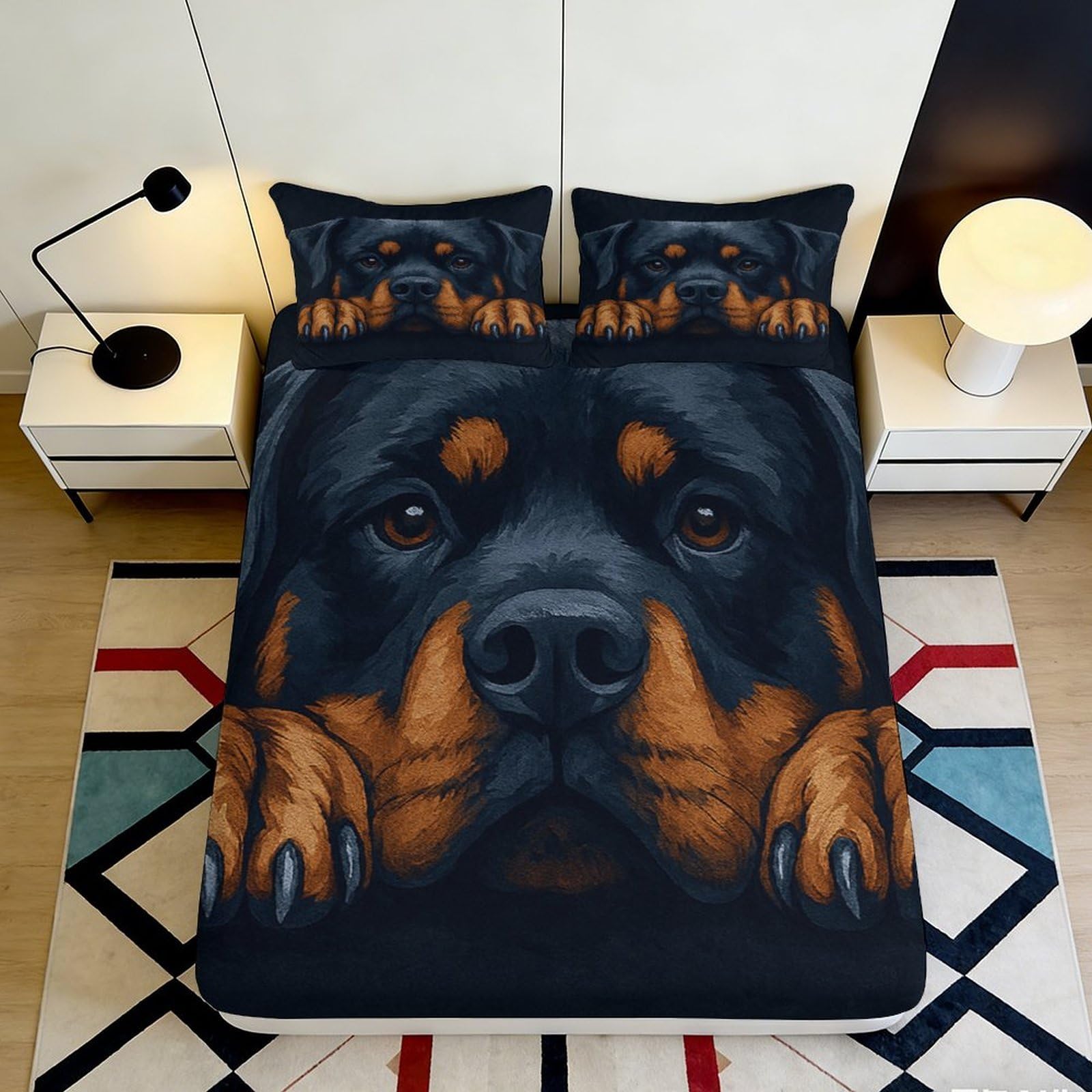 3D Printed Rottweiler Dog Fitted Sheet Microfiber Soft Breathable Animal Bed Cover Bedroom Mattress Decor 90x200x25cm