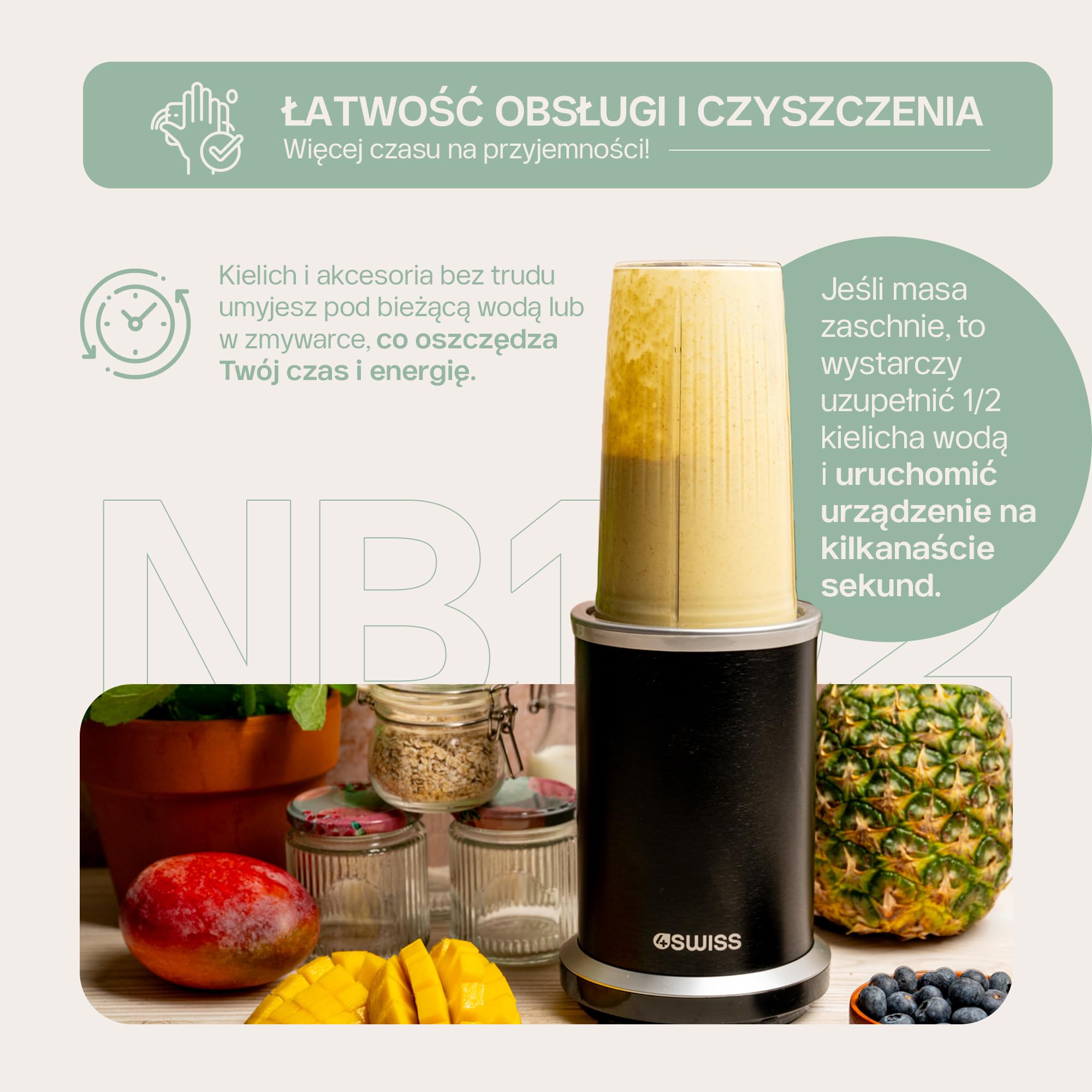 4Swiss Blender Kielichowy Kuchenny Mikser Elektryczny do Smoothie Koktajli Owoców Warzyw Mixer Małe AGD Wysokiej Mocy Wielofunkcyjny Lód Kruszenie Blendowanie Urządzenie Kuchenne – NB102 Czarny
