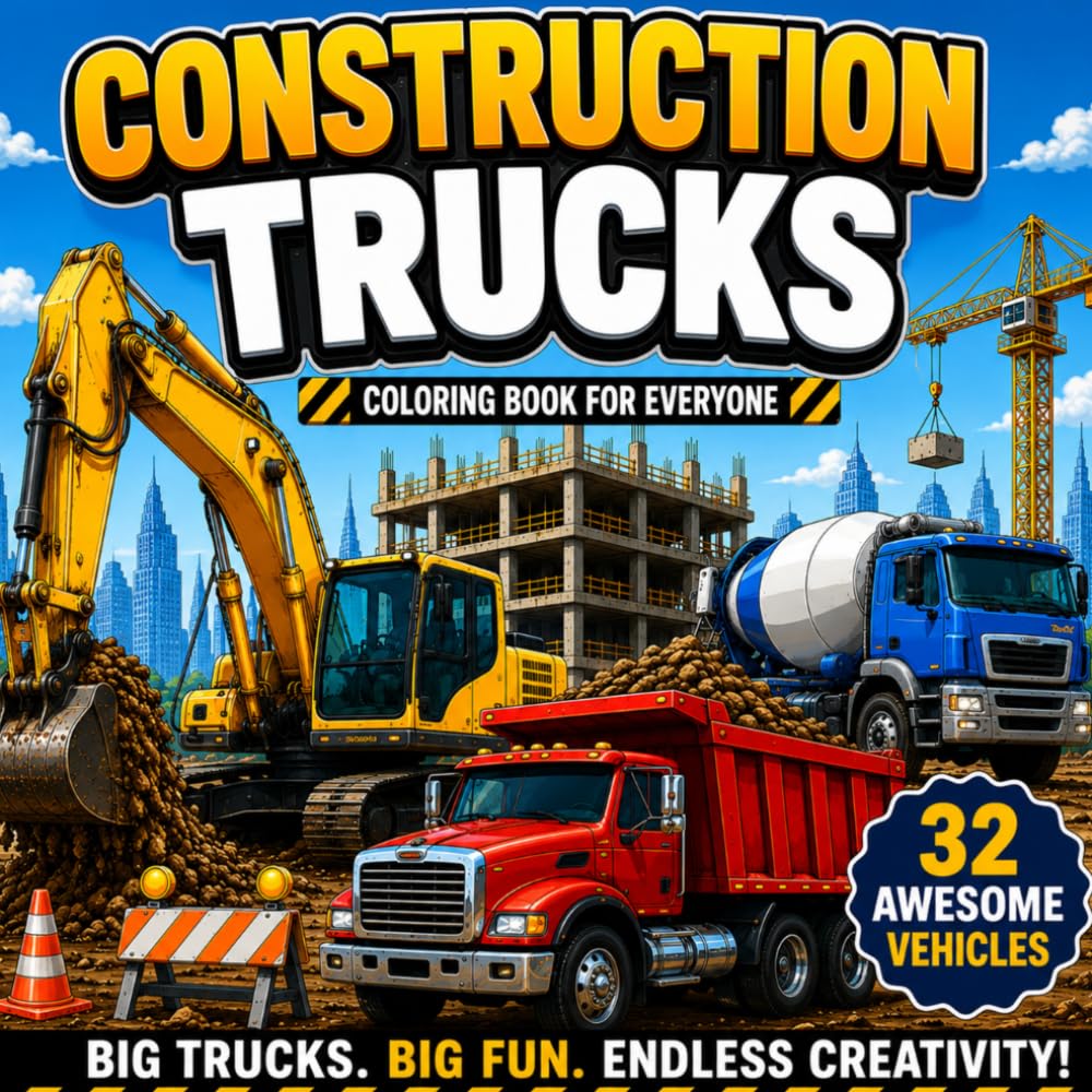 Construction Trucks Coloring Book: Easy and Fun Coloring Pages Featuring Bulldozers, Excavators, Dump Trucks, and Cranes