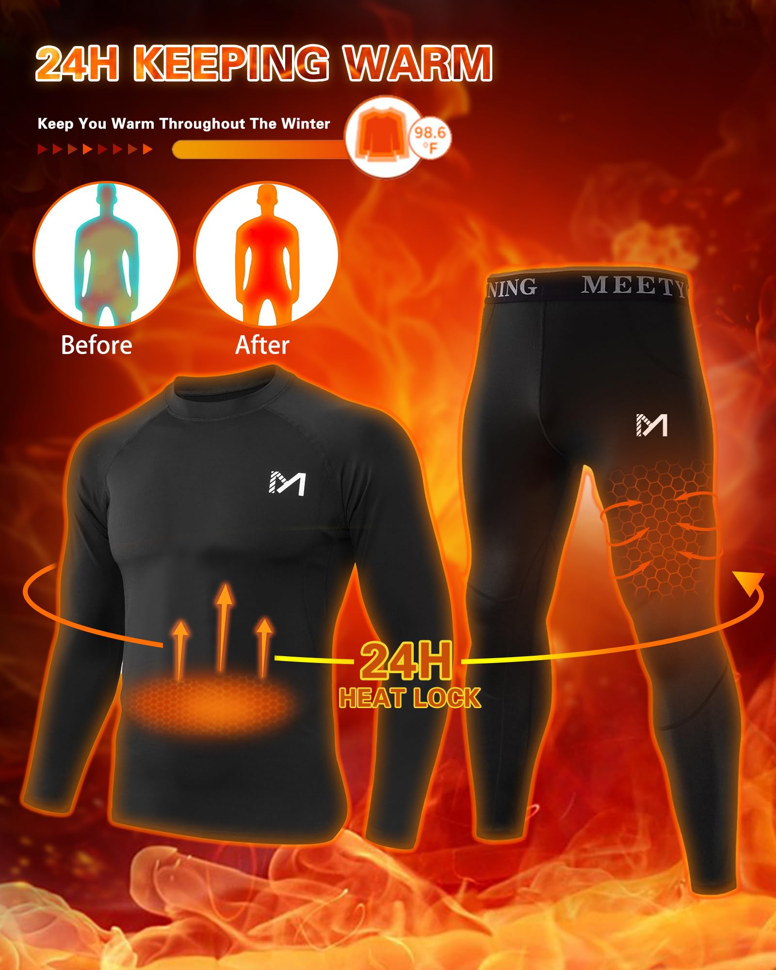 MEETYOO Lot 2 Sous-Vêtement Thermique Homme Respirant Régulation Transpiration Ski Sport