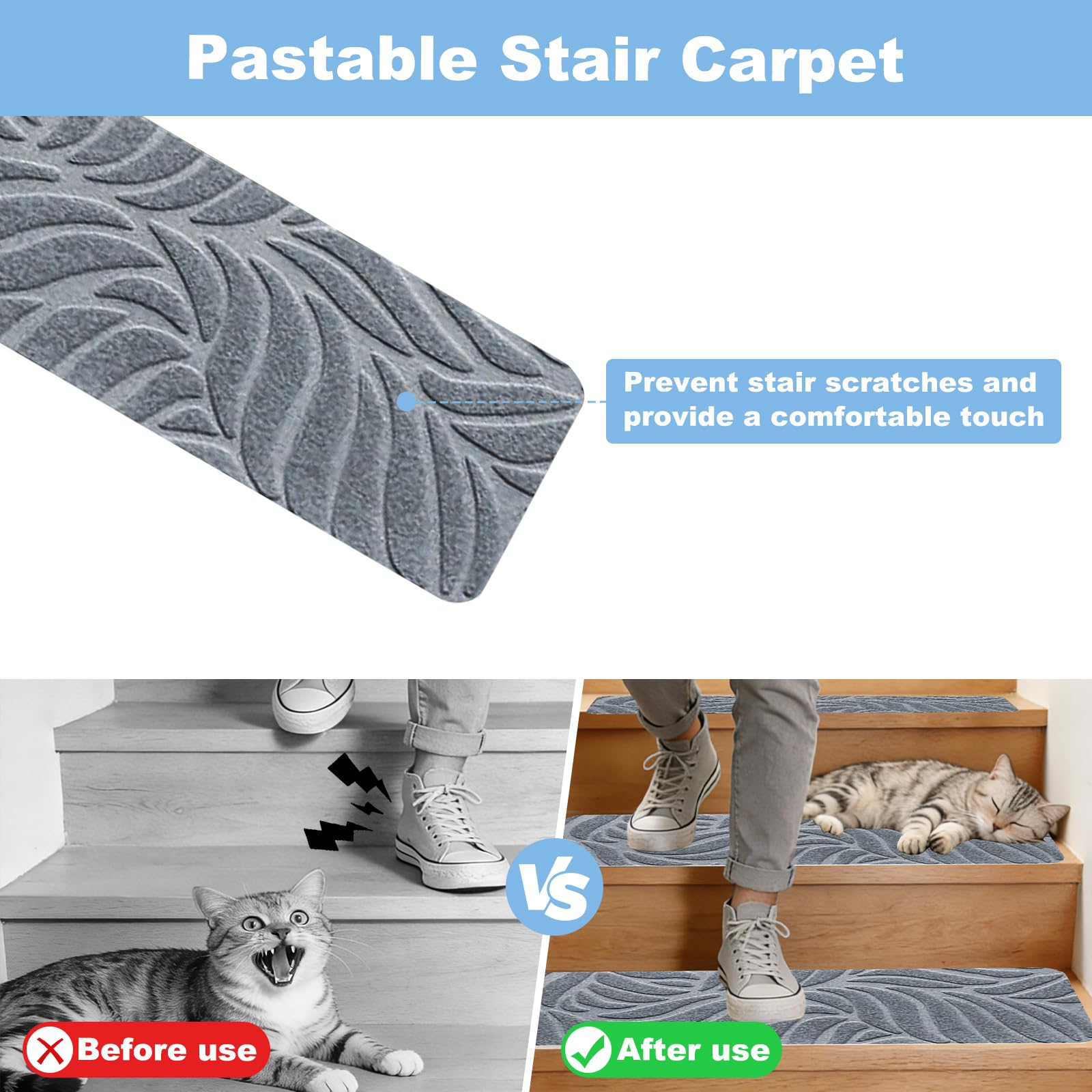 Lot de 15 tapis pour marches d'escalier, 76 cm x 20 cm, tapis autocollants pour marches en bois, 100 % polyester TPE - Tapis de marche pour enfants, personnes âgées et animaux de compagnie