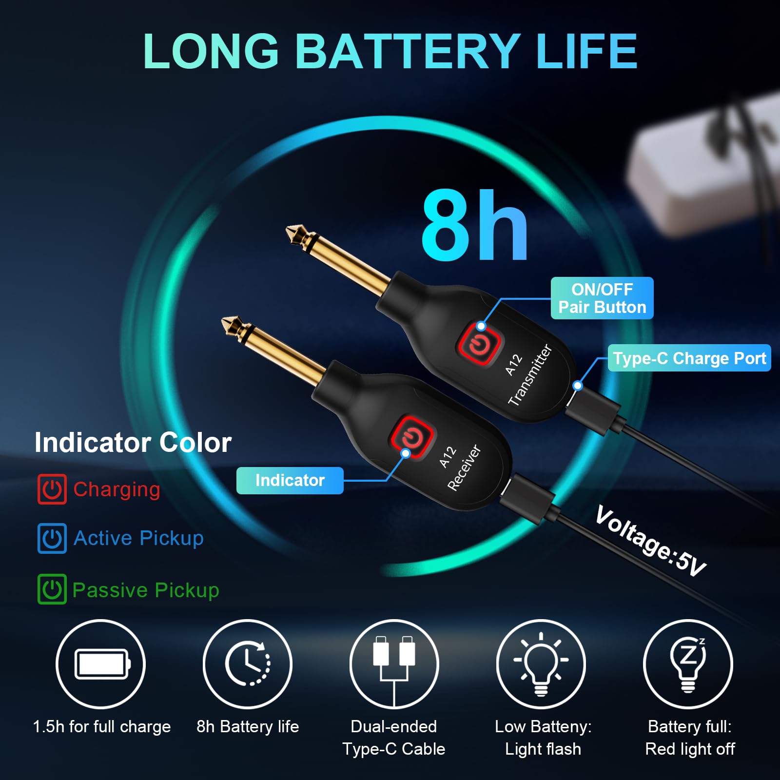 Sistema di chitarra wireless A12, 2,4 GHz, 2 modalità, dimensione pollice, batteria ricaricabile agli ioni di litio, portata 100 m, 10 ore, plug & play per chitarra, basso, violino,
