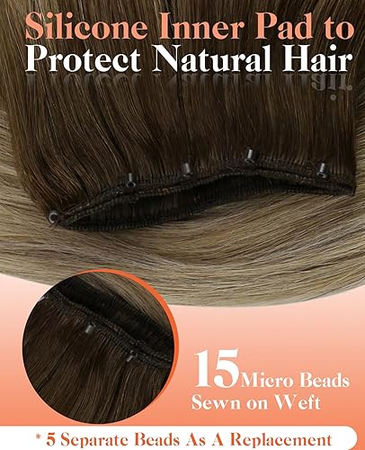 Miniatura 3 de Sunny Extensiones de cabello humano real en microtrama con microcuentas, color castaño oscuro degradado a castaño claro con mezcla de rubio, estilo