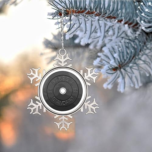 Vista 68 de Plato de pesas con barra para amantes del fitness, adornos de Navidad 2022, adornos de copo de nieve, decoraciones de Navidad para árbol, novedad