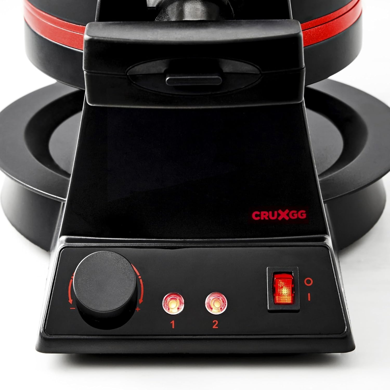 Close-up of the CRUXGG TRNR Waffle Maker control panel with browning dial and indicator lights.