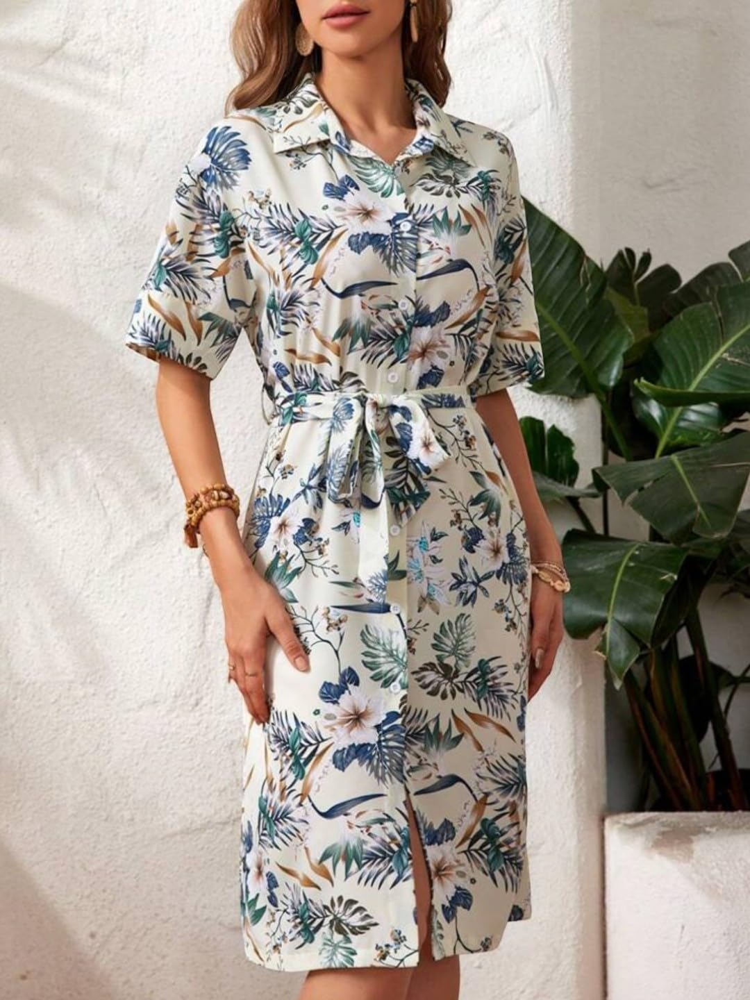 Gufrina Women's Rayon Midi Dress With Short Sleeves Floral Printed Collar Neck Knee Length Regular Fit And A Line Style White