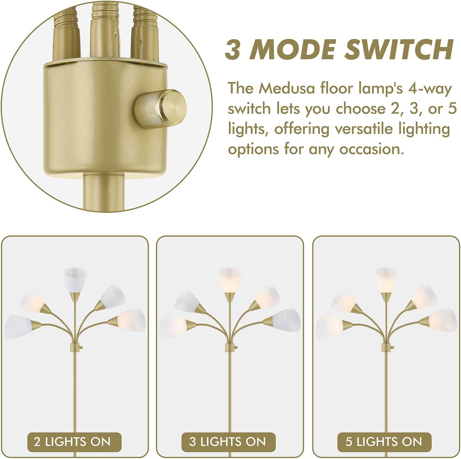 Medusa Modern Decor Floor Lamp, Multi Head Adjustable Gooseneck Bright Light Lamps for Reading, White Shades Tall Standing Tree Floor Lamps for Living Room Bedroom Office Kids Classroom, Gold