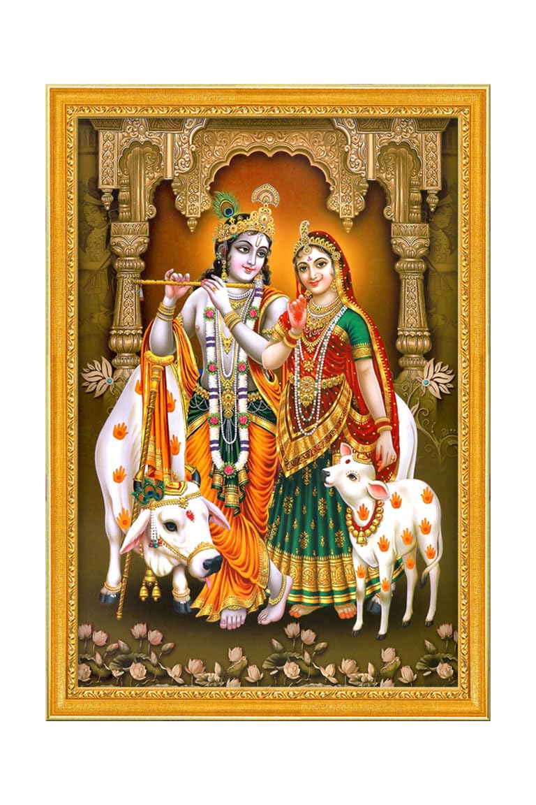 999STORE Pan Radha Kryszna ze swoją krową Obraz fotograficzny z ramką na zdjęcia dla Mandir/Temple Radha Krishna (MDF i włókno_30 x 45 cm) GodSZ20189