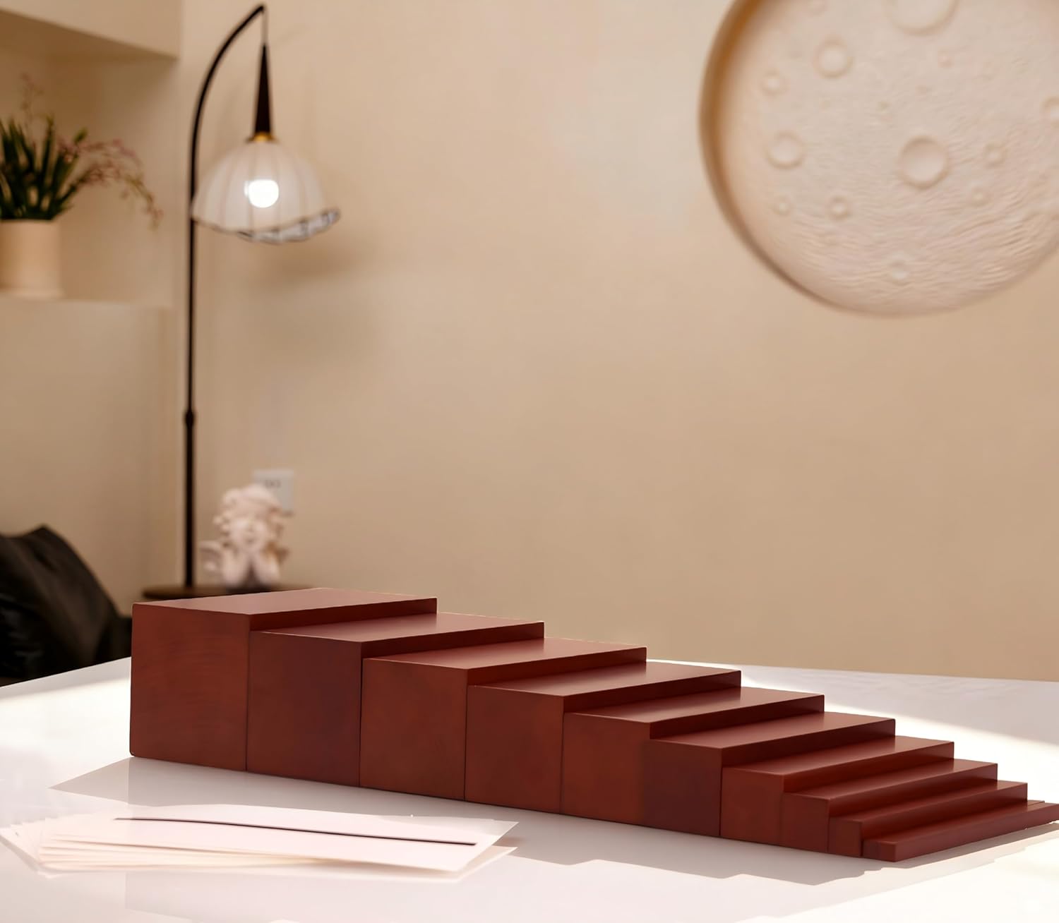 Montessori Large Brown Stairs & Cards, Solid Beechwood Ten Rectangular Prisms 21 * 7.9", Sensorial Materials for Kids Ages 3-6, Educational Wooden Toys, Thick Thin Discrimination Learning
