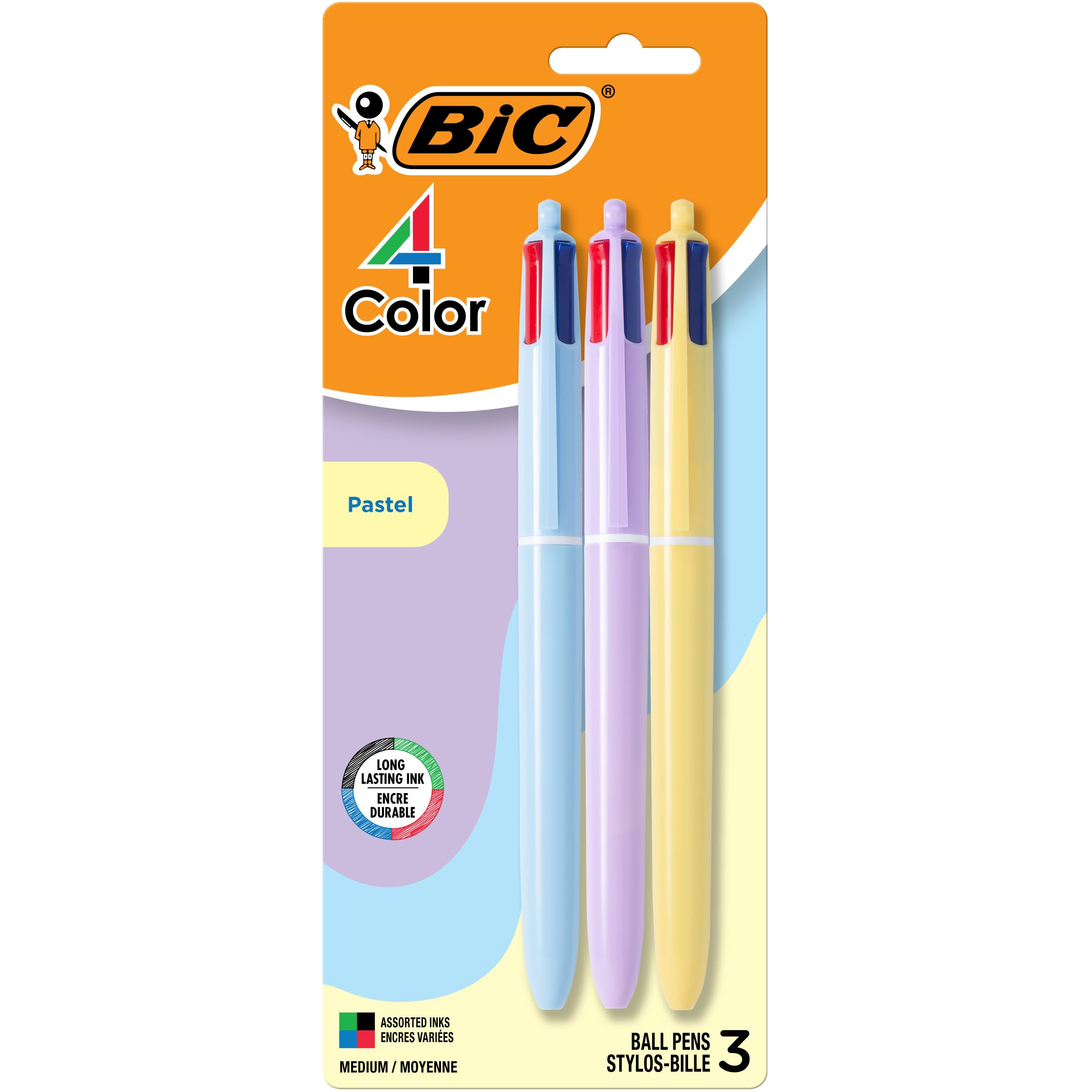 BIC 4 Color Pastel Barrel Ballpoint Pens, Medium Point (1.0 mm), Assorted Classic Ink Colours, Pack of 3