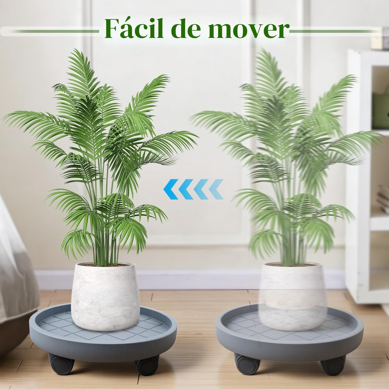 K KASONIC Base Móvil para Macetas 40cm con 4 Ruedas, Capacidad 100kg, Pack de 2 Bandejas Redondas para Mover Macetas de Interior y Exterior, Incluye 5m Cintas para Plantas Desgarrables