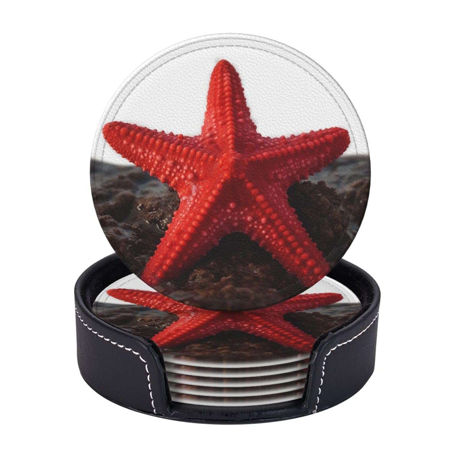 6PCS Drink Coasters with Holder, 4" Leather Coasters for Drinks, Red Starfish Cup Coasters for Coffee Table Decor, Non-Slip Drinking Cup Mat for Hot or Cold Drink