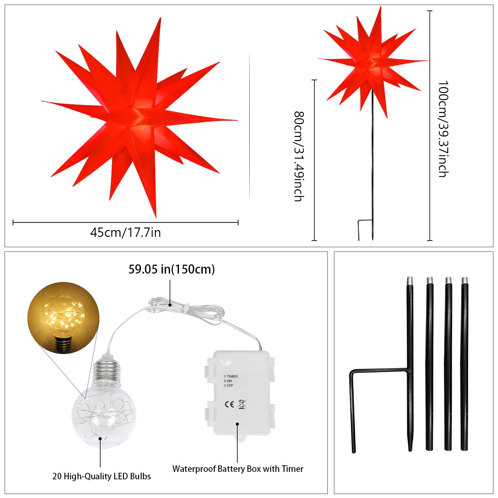 Stella di Natale 3D illuminata per esterni con timer – Stella di Natale a LED da 58 cm per finestre, stella d'Avvento, stella per decorare cortile, balcone e giardino (rosso giallo