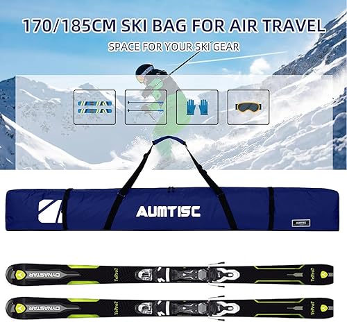 Miniatura 5 de AUMTISC Bolsa de esquí individual acolchada para transportar esquís bolsillo con asa ajustable 170 72.8 in azul-72.8 in