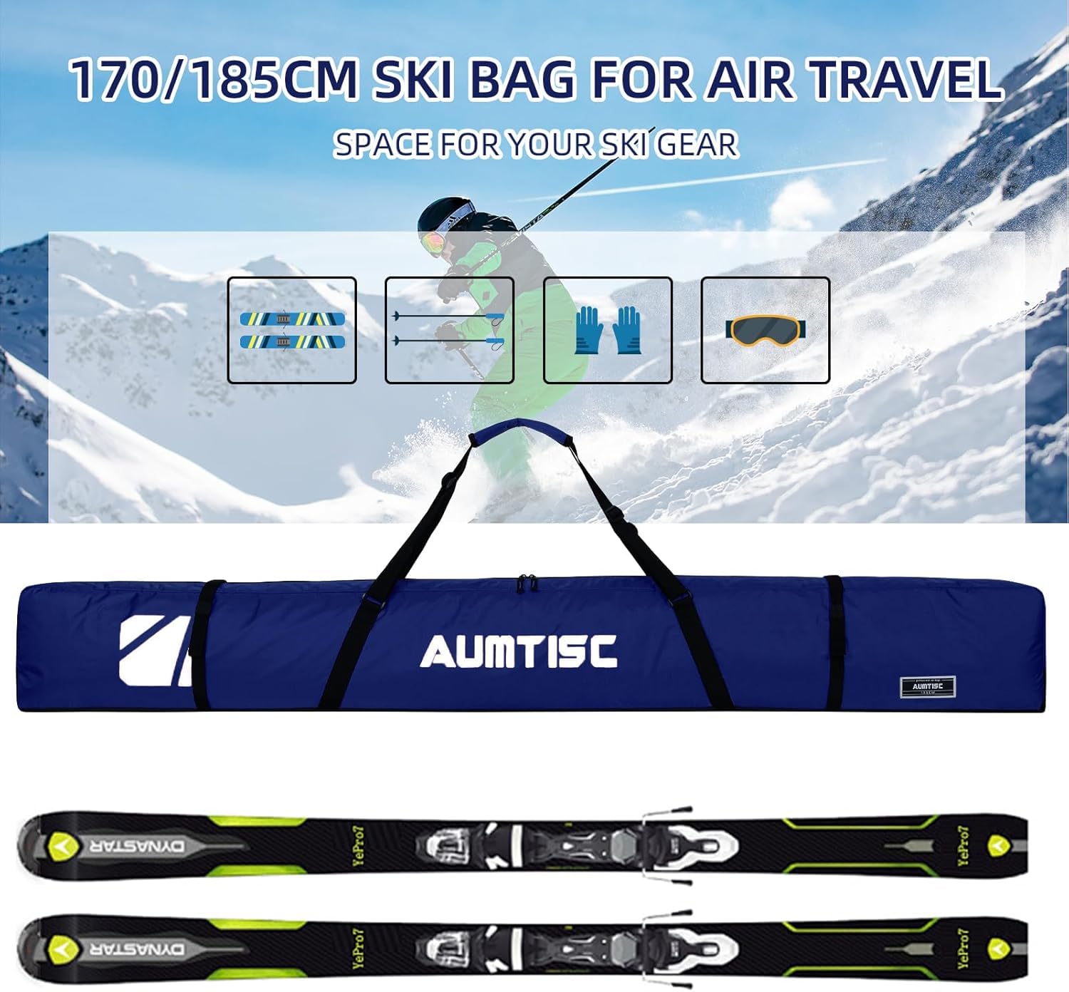AUMTISC Borse per kit da sci Borsa da viaggio singola per sport invernali Imbottita per trasportare gli sci Tasca per attrezzi con manico regolabile 170 185 cm
