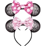 Mommy and Me Mouse Ears Headbands - 2 Pcs Glitter Bow Headbands for Kids, Girls, Women, Birthday, Christmas, Cosplay, Princess