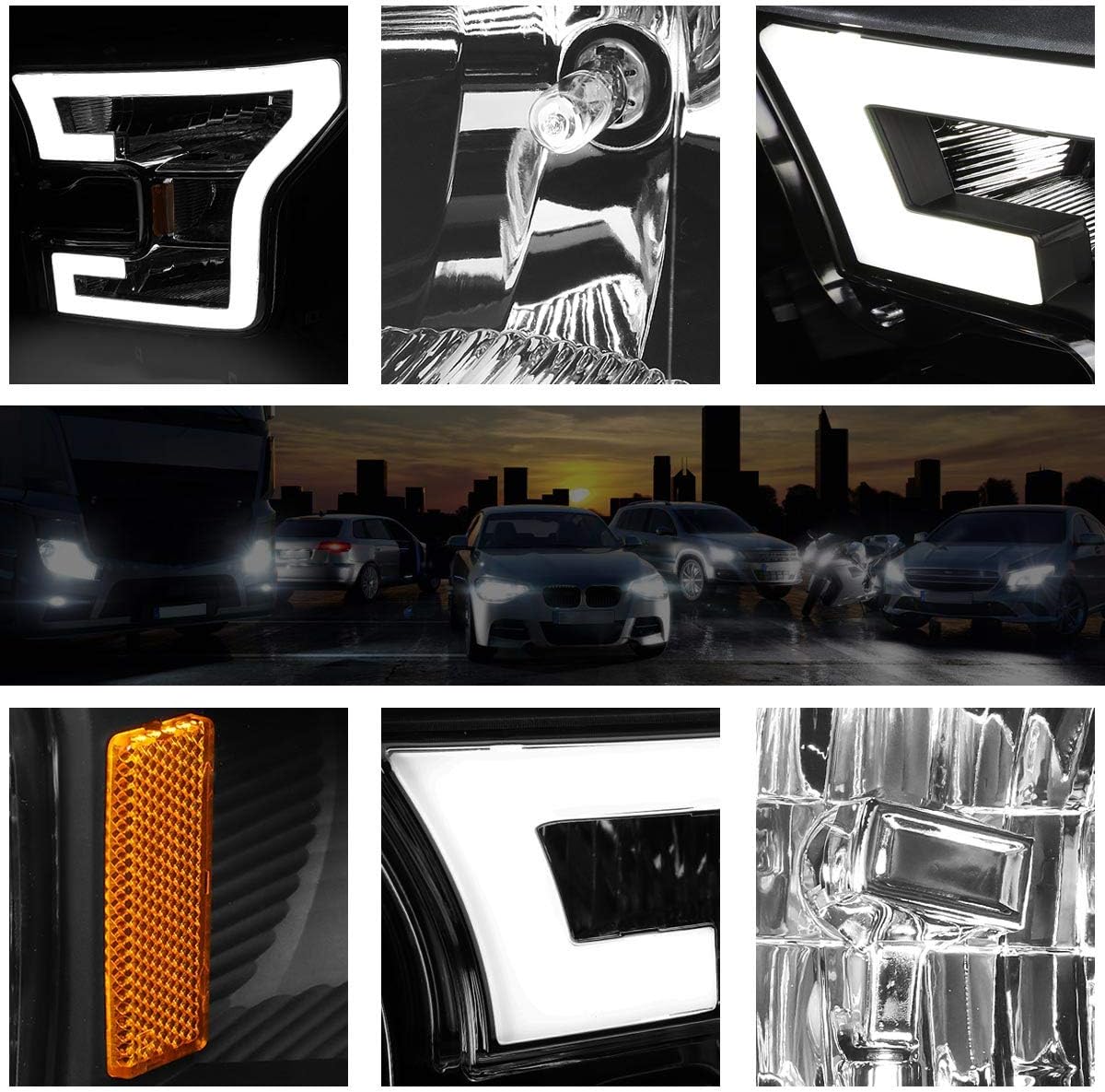 LED DRL Headlight(Headlamps) Assembly Set Compatible with Ford F150 2015-2017,Black Housing/Amber Corner