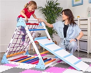 Triangle Climber with Ramp - Premium Wooden Climbing Triangle for Sliding and Climbing - 2 in 1 Stable Toddler Climber Structure - Indoor Kids Climbing Net Toys - Kids Climber - PYRAMIDA-Color