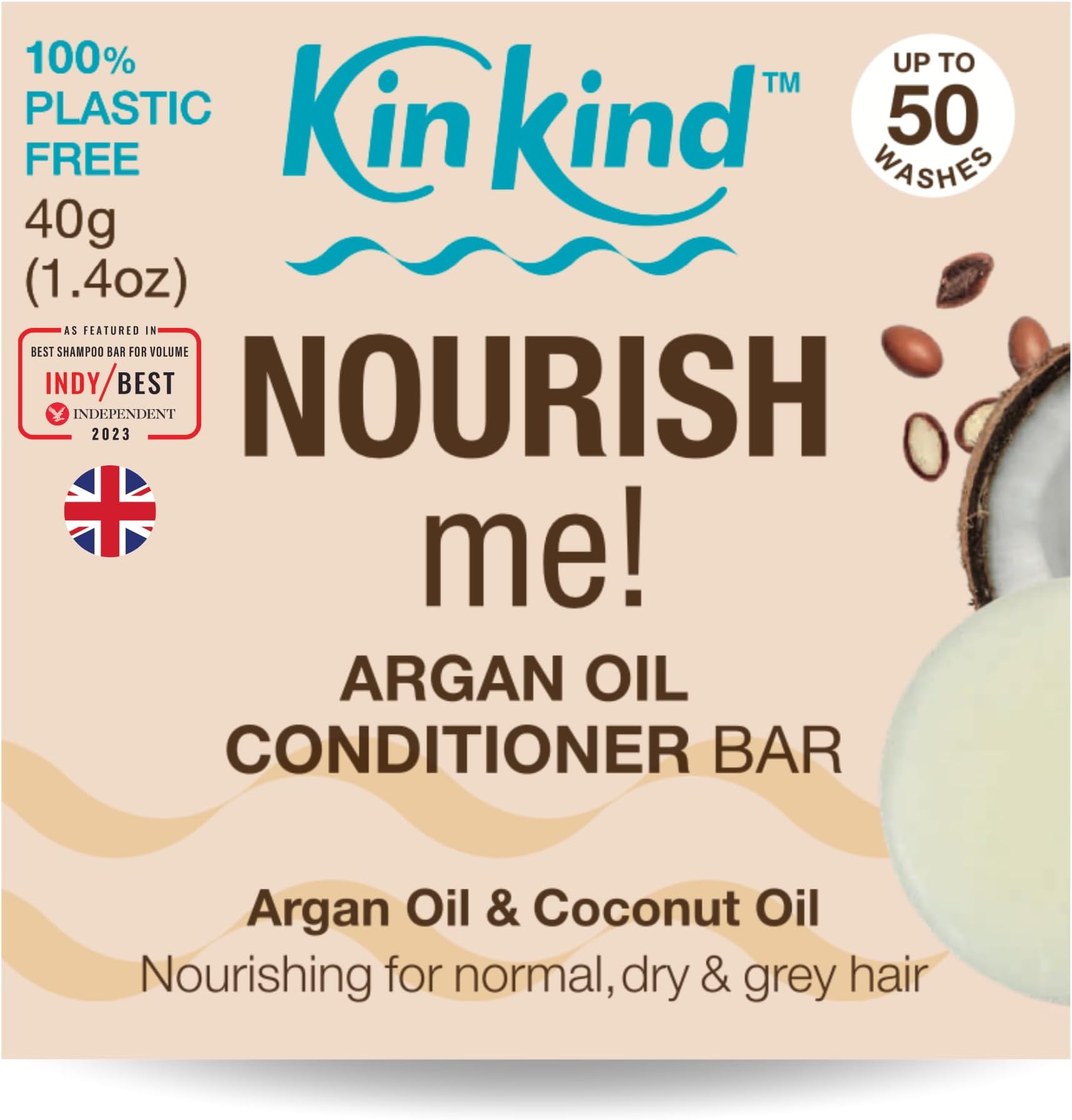 KinKind Conditioner Bar. Coconut Oil & Argan Oil NOURISH me! Hair Conditioner Bar for Hair UK made. Deeply Nourishing & Hydrating Hair Conditioner for Women, Dry, Normal & Grey Hair. 50 Washes. Vegan.