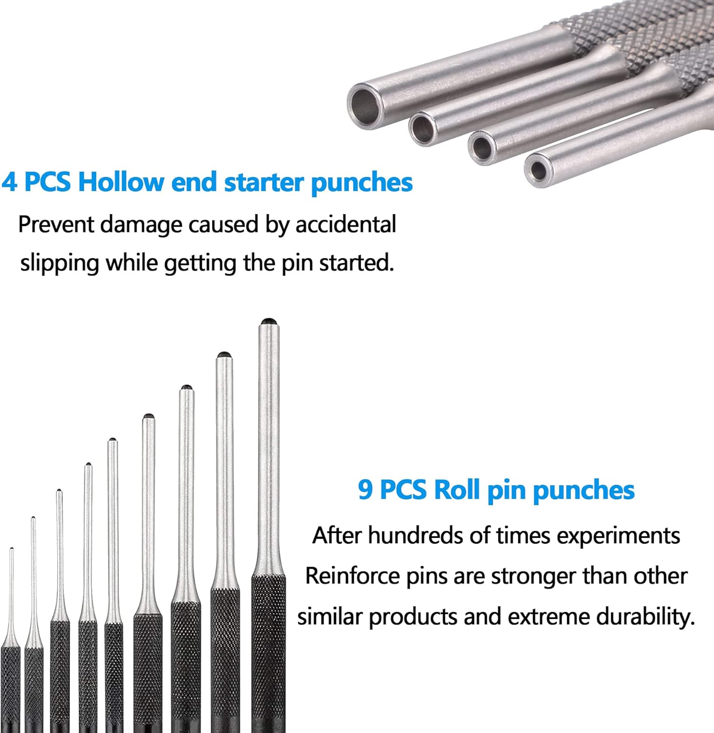 Pridefend Punch Set, Punch Set In Storage Case,Made of Solid Material,Roll Pin Punch Set with 4 Interchangeable Hammer Heads (With Bench Block)
