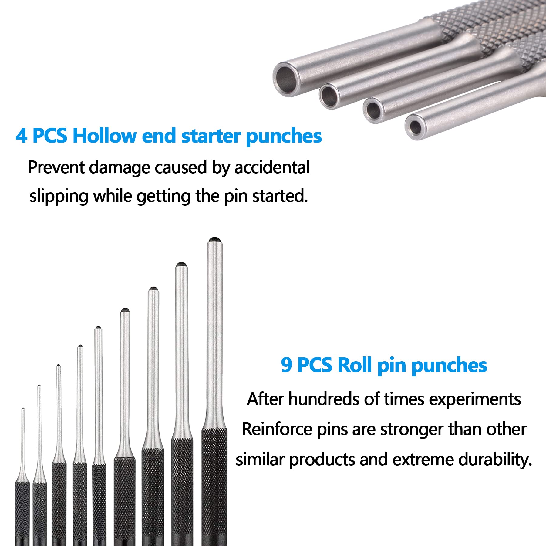 Pridefend Punch Set, Punch Set In Storage Case,Made of Solid Material,Roll Pin Punch Set with 4 Interchangeable Hammer Heads (With Bench Block)