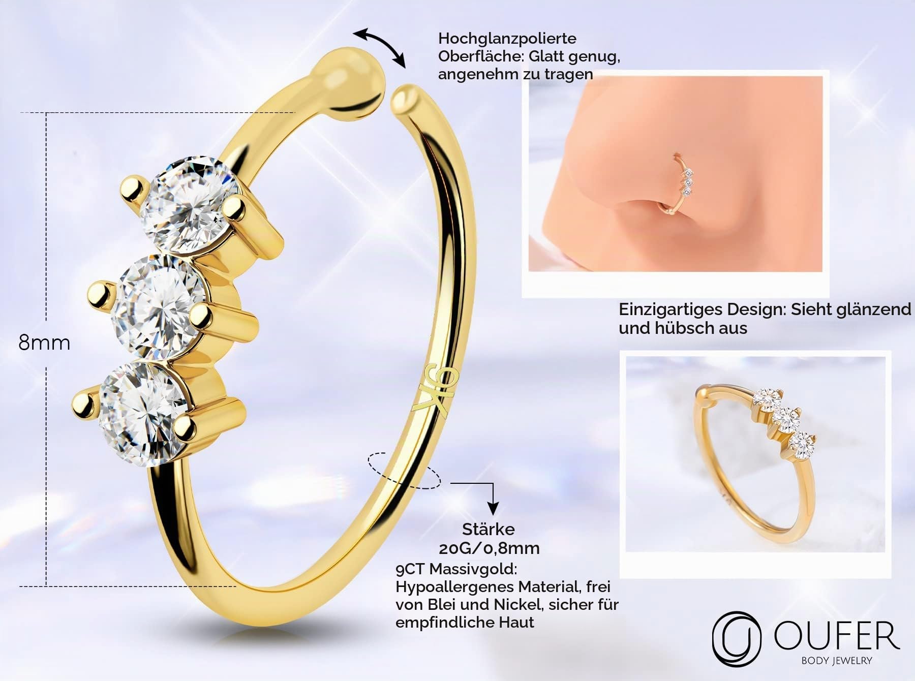OUFER 0.8mm 9ct Gold Nasenpiercing Rings CZ 20 Gauge Nasenring Nasen Piercing Nase Hoop Gelbgold Seamless Helix Piercing Körper Schmuck Geschenke 8mm