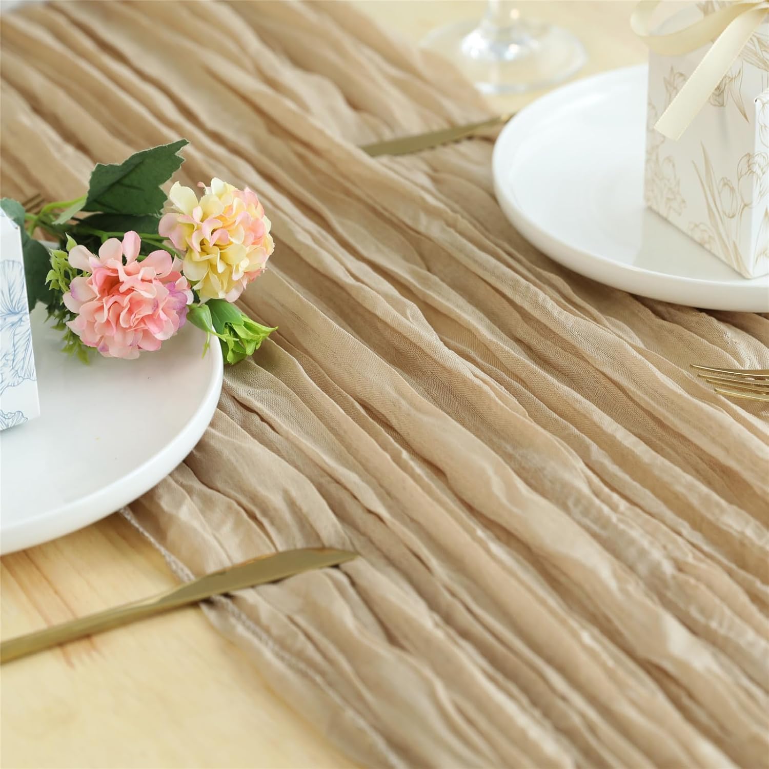 5 Pack Cheesecloth Table Runner 120 Inch Boho Gauze Cheese Shabby Chic Rustic Table Runner for Wedding, Baby Shower, Birthday, Banquets - Champagne