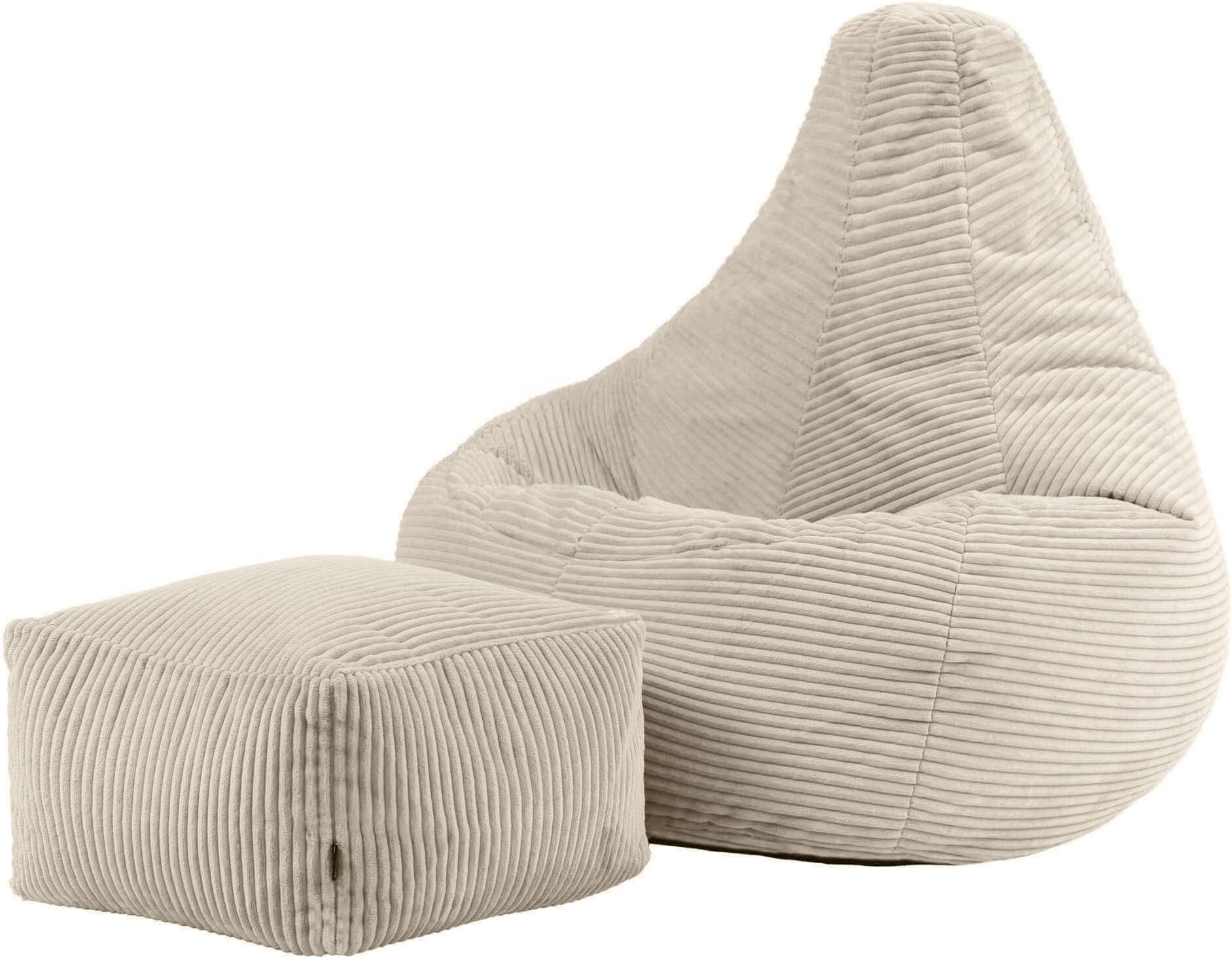 icon Dalton Cord Bean Bag Chair with Footstool, Beige, Large Adult Bean Bag with Filling Included, Comfy Chair, Living Room Furniture, Bedroom Furniture