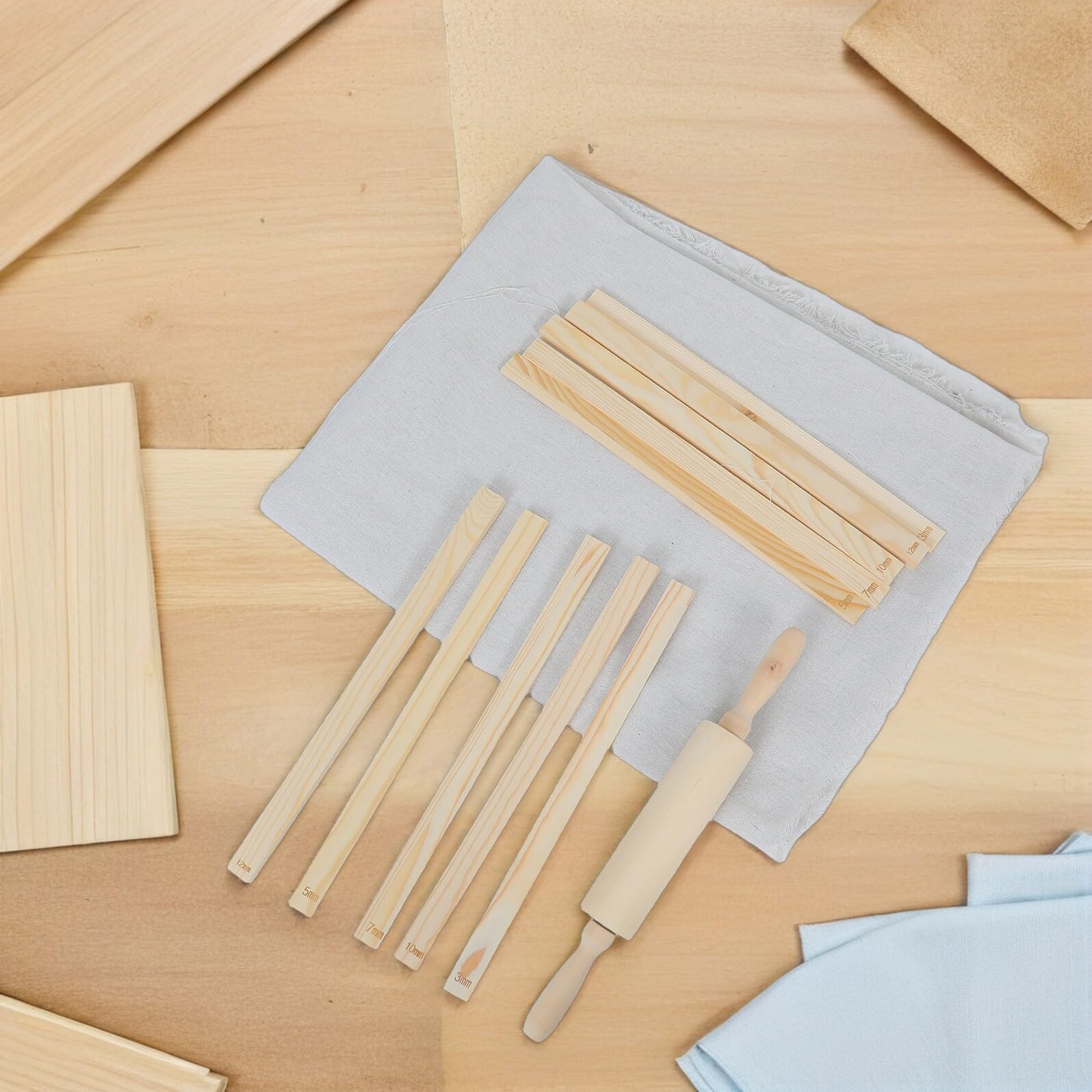 Töpferwerkzeug und Zubehörset für Anfänger 12 Stück mit Führungsstäben | Holz und Leinen, Präzise Dickenkontrolle Beim Modellieren, Geeignet für Töpferei und Unterricht