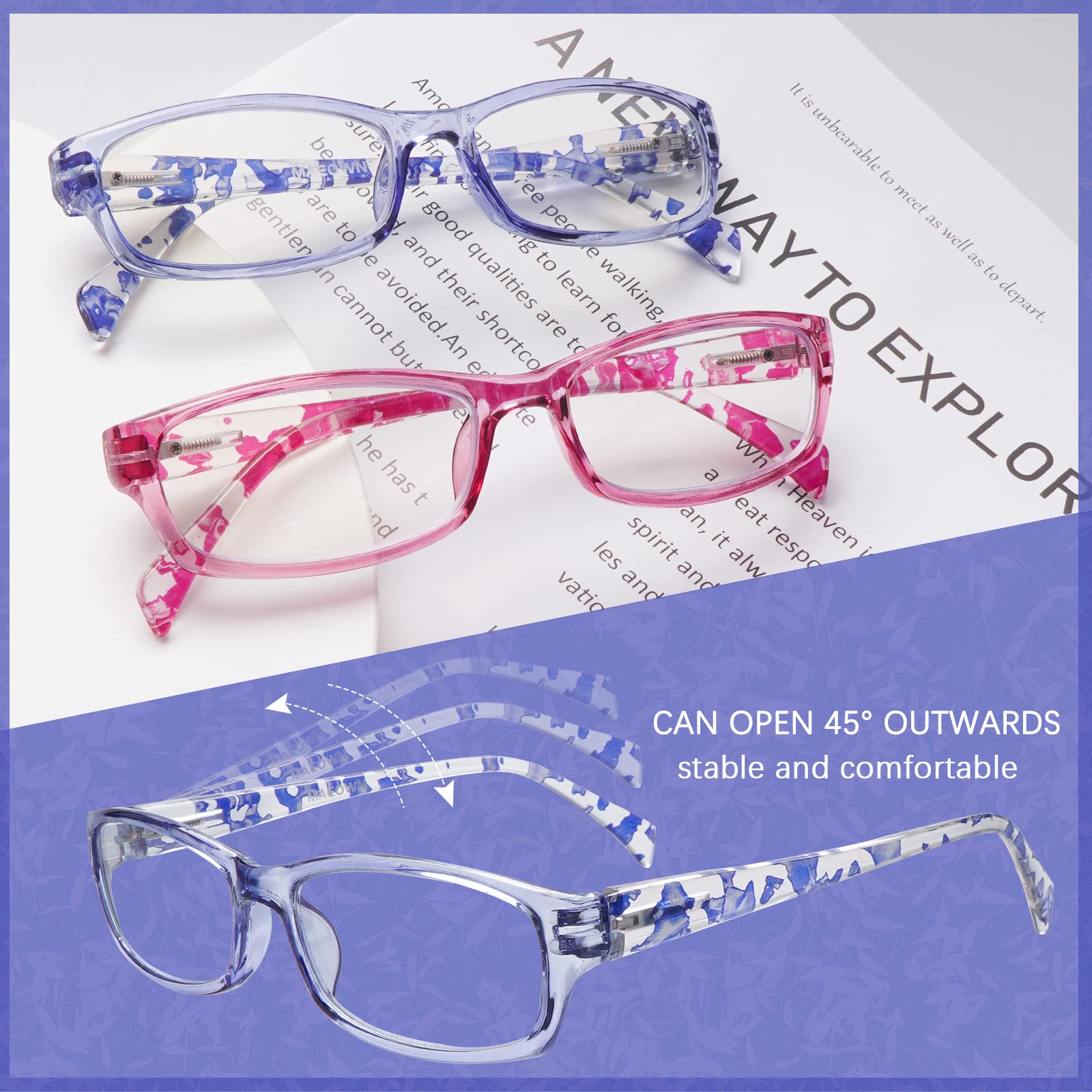 Lesebrille für Damen, Computerleser, Blaulichtblockierung, verschwommenes Sehen, trockene Augen, Anti-UV-Blendung, 5 Stück