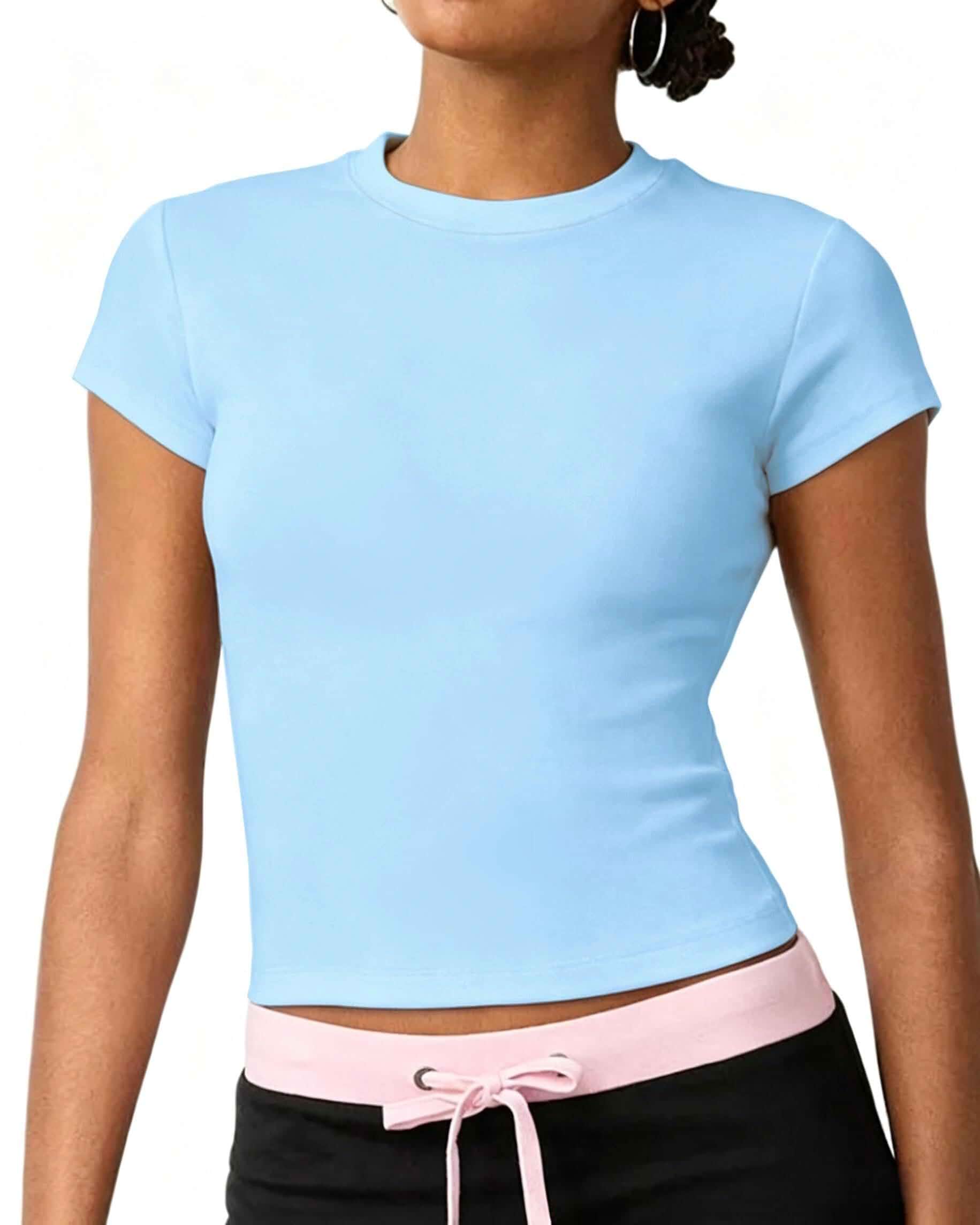 DGRPI Womens Cotton Basic Crew Neck T-Shirts Y2K Cute Crop Tops Baby Tee Solid