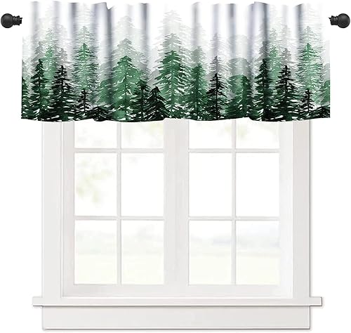 Cortinas de cenefa de bosque verde con paisaje de bosque brumoso, cenefas artísticas para dormitorio, cenefa de ventana para cocina, baño, sala de