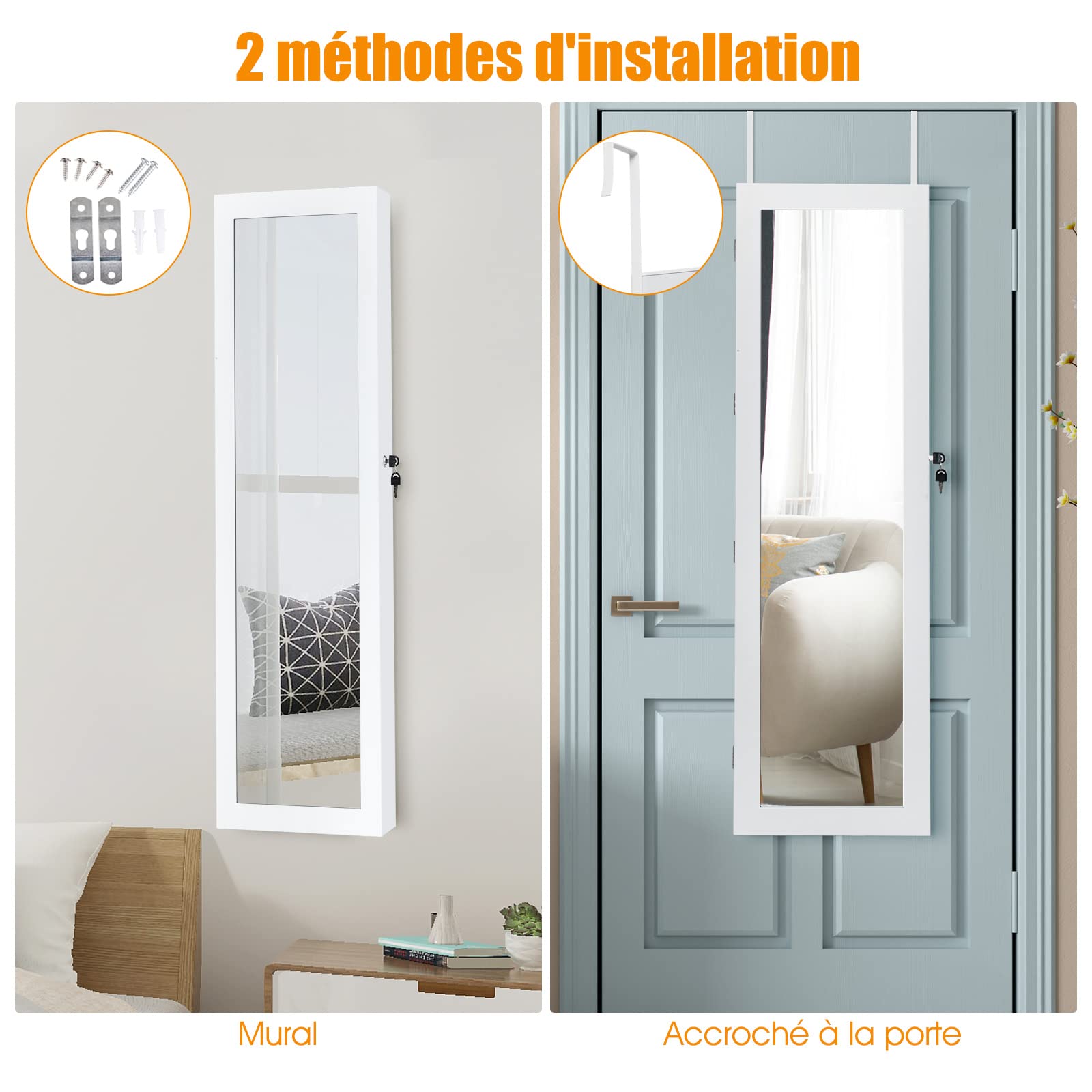 RELAX4LIFE Armoire à Bijoux Murale/Suspendue avec Miroir Psyché & Lumières LED, Organisateur de Bijoux Verrouillable à 5 Étagères, Multi-Rangement Cosmétiques pour Chambre Vestiaire Salon