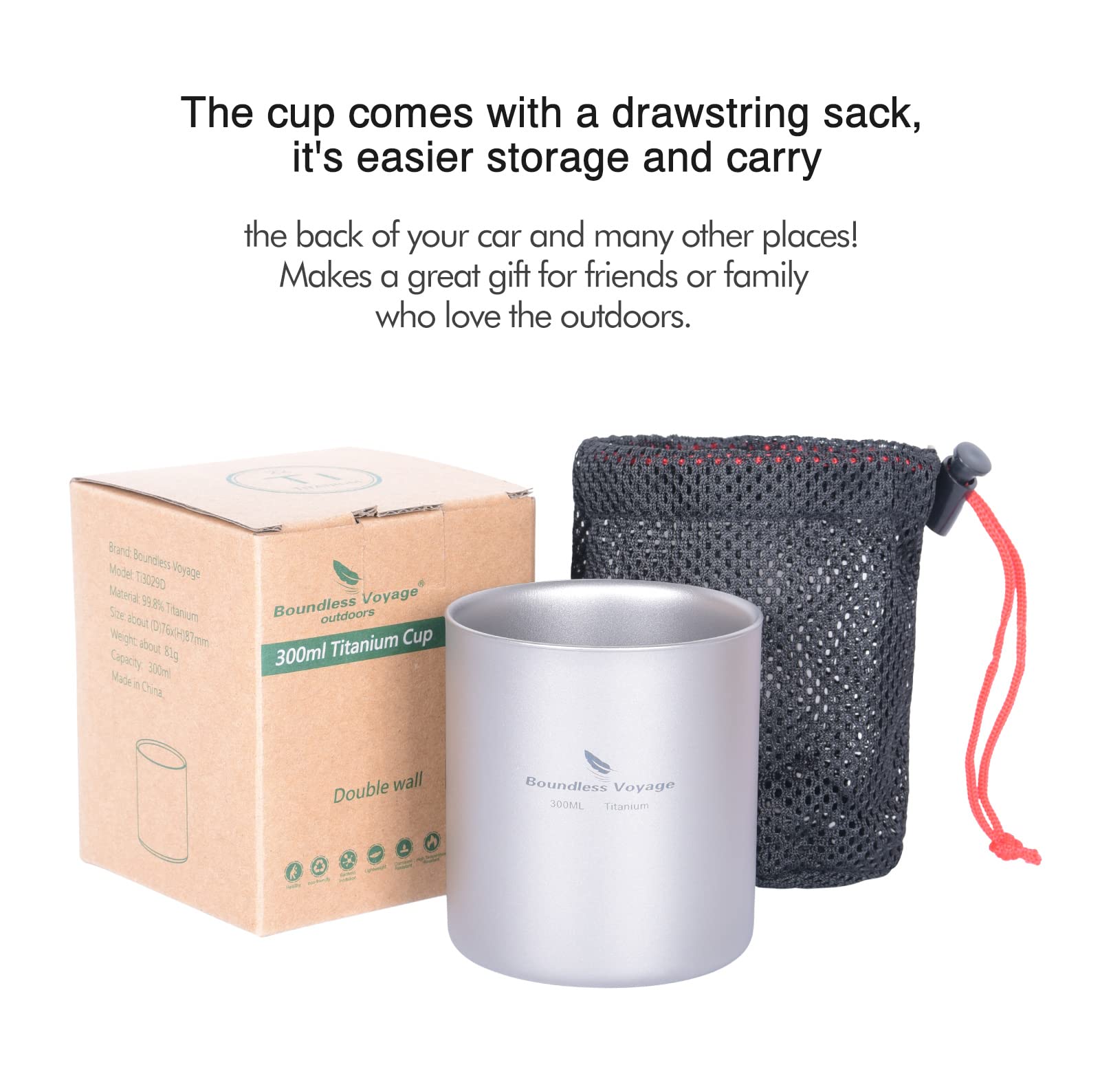iBasingo Ti3029D Tasse à double paroi en titane ultralégère 300 ml pour le camping, le thé, le café, le froid, la chaleur, la vaisselle portable pour l'extérieur, les voyages, la randonnée, les