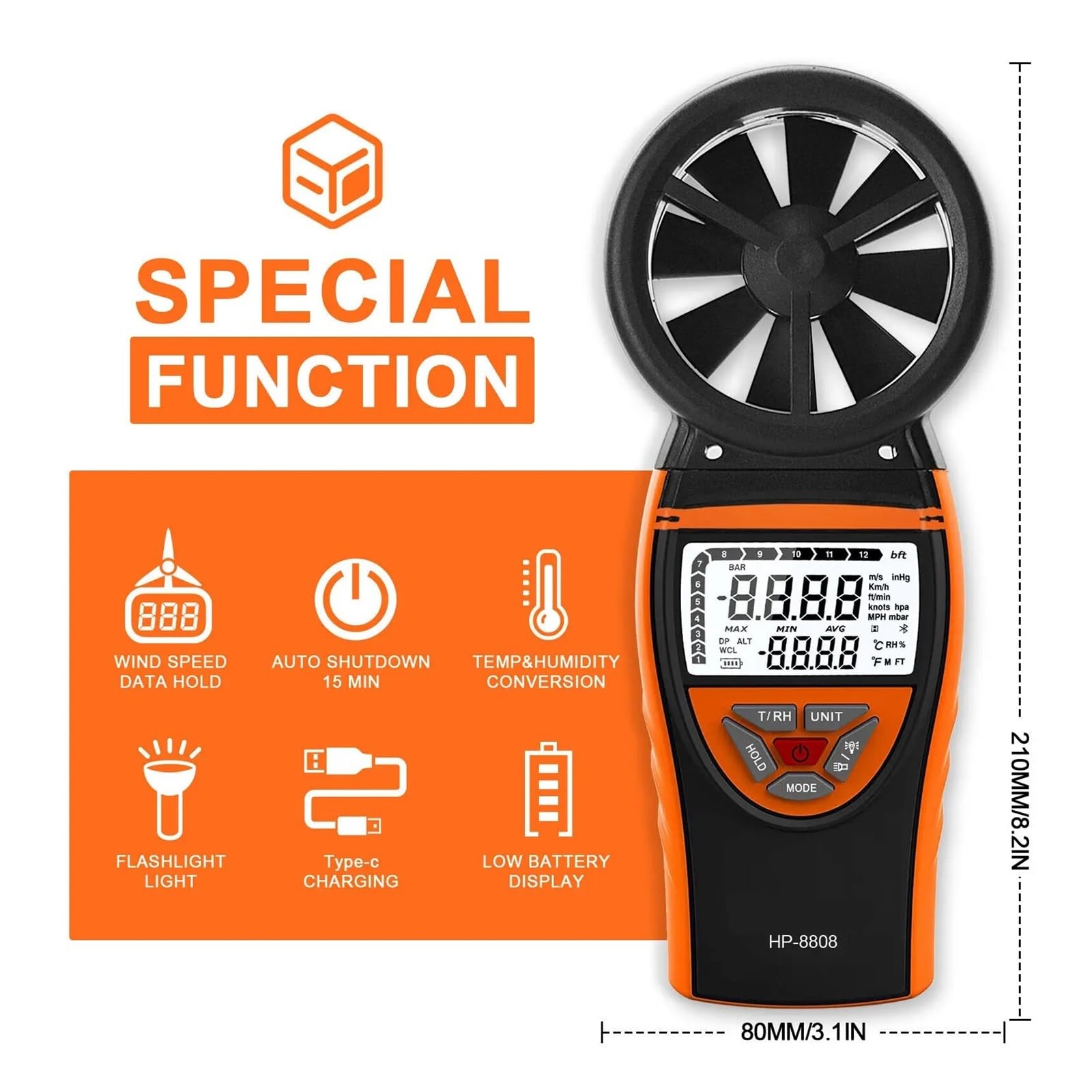 Anemómetro anemómetro, alta precisión, tacómetro profesional, RPM Digital, medidor de velocidad del aire, recargable