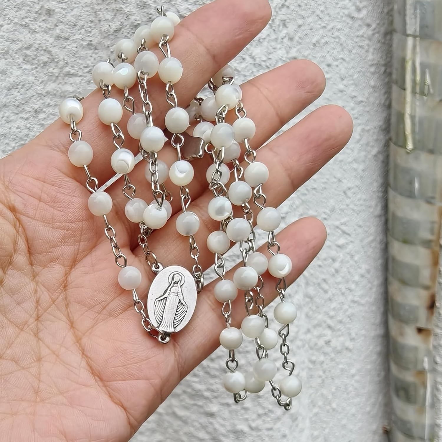 rosary beads catholic for women and men, 6mm White Trochus Shell rosary beads with Ornate Silver Crucifix and Virgin Mary Medal - Image 5