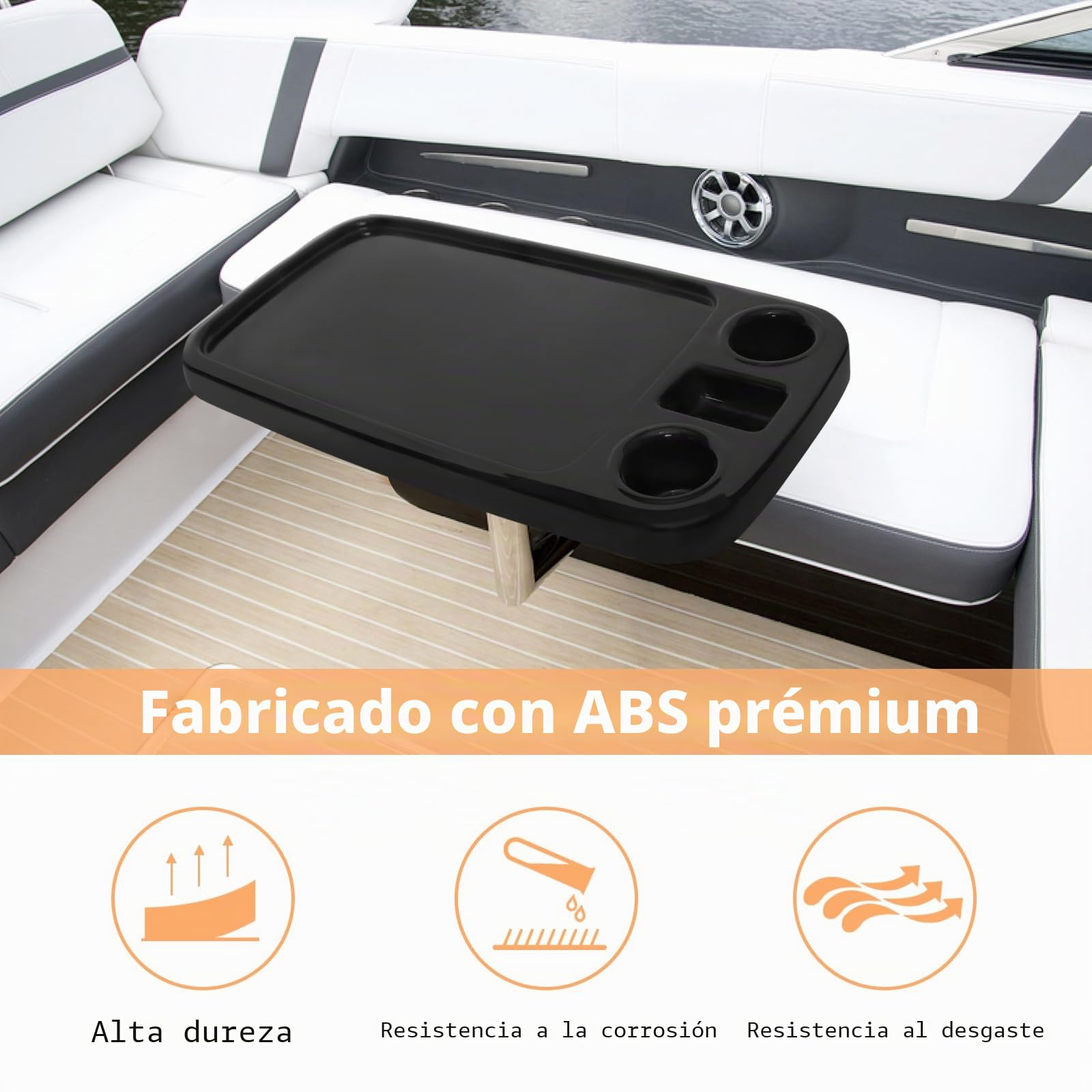 Mesa de barco extraíble, 86,4 x 45,7 cm, pontón para barco, gran parte superior con portavasos integrados, soporte para teléfono de ABS, impermeable y antienvejecimiento (negro)