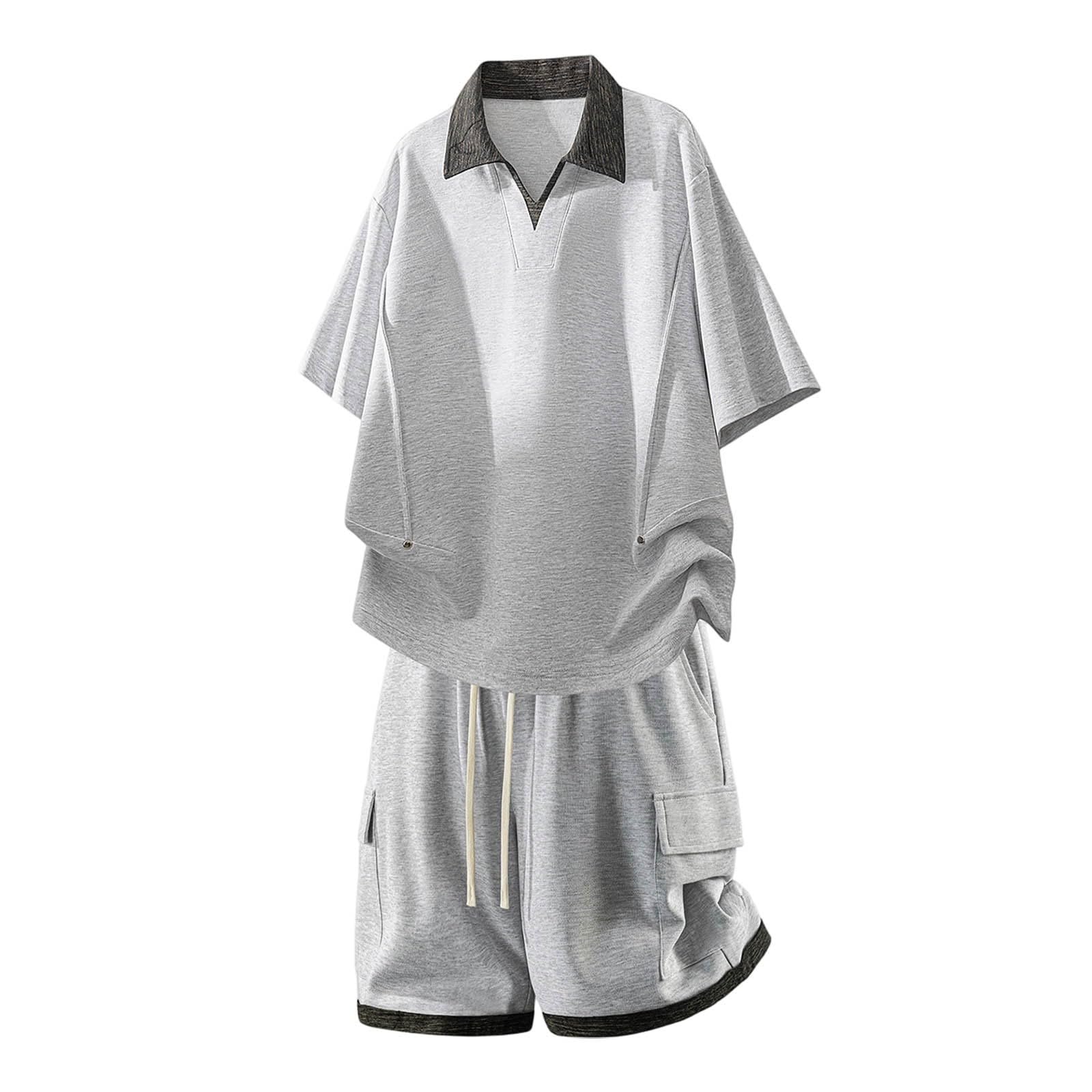 Tuta da jogging da uomo, due pezzi, polo e pantaloncini, con coulisse, estiva, per il tempo libero, abbigliamento sportivo, con risvolto, tuta da allenamento per attività all'aperto