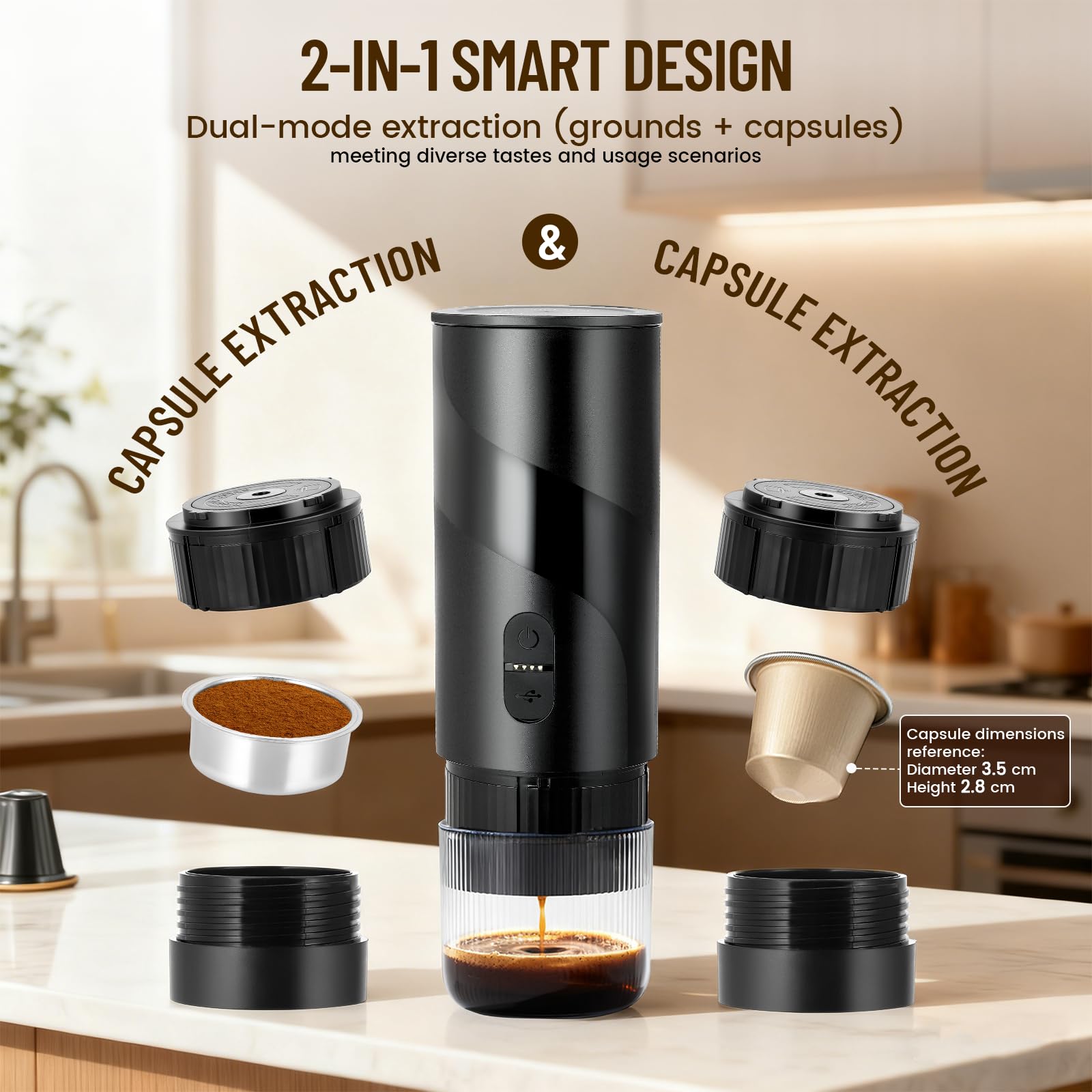 Máquina de Café 3 en 1 Portátil Compatible con 3.5 x 2.8cm Cápsulas y café molido, Cafetera Espresso Eléctrica para Camping Viaje Oficina, Calentamiento Rápido Cafetera con depósito de agua de 100ml