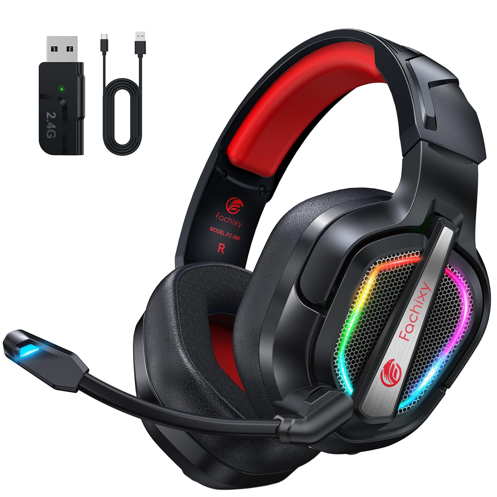 Fachixy FC200 Wireless Gaming Headset, 2.4GHz Bluetooth 5.4 Headset mit Mikrofon für PS5, PS4, PC, Switch, Gaming Kopfhörer Kabellos, Geringe Latenz Noise Cancelling, mit LED Licht, 50H Akkulaufzeit