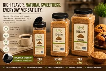 Demerara Cane Sugar 2 lb | Raw Cane Sugar Crystals for Coffee, Tea, Baking & Cocktails | Large Golden Sugar Crystals | Dual Shaker & Pour Top | Dashers Spice & Beans