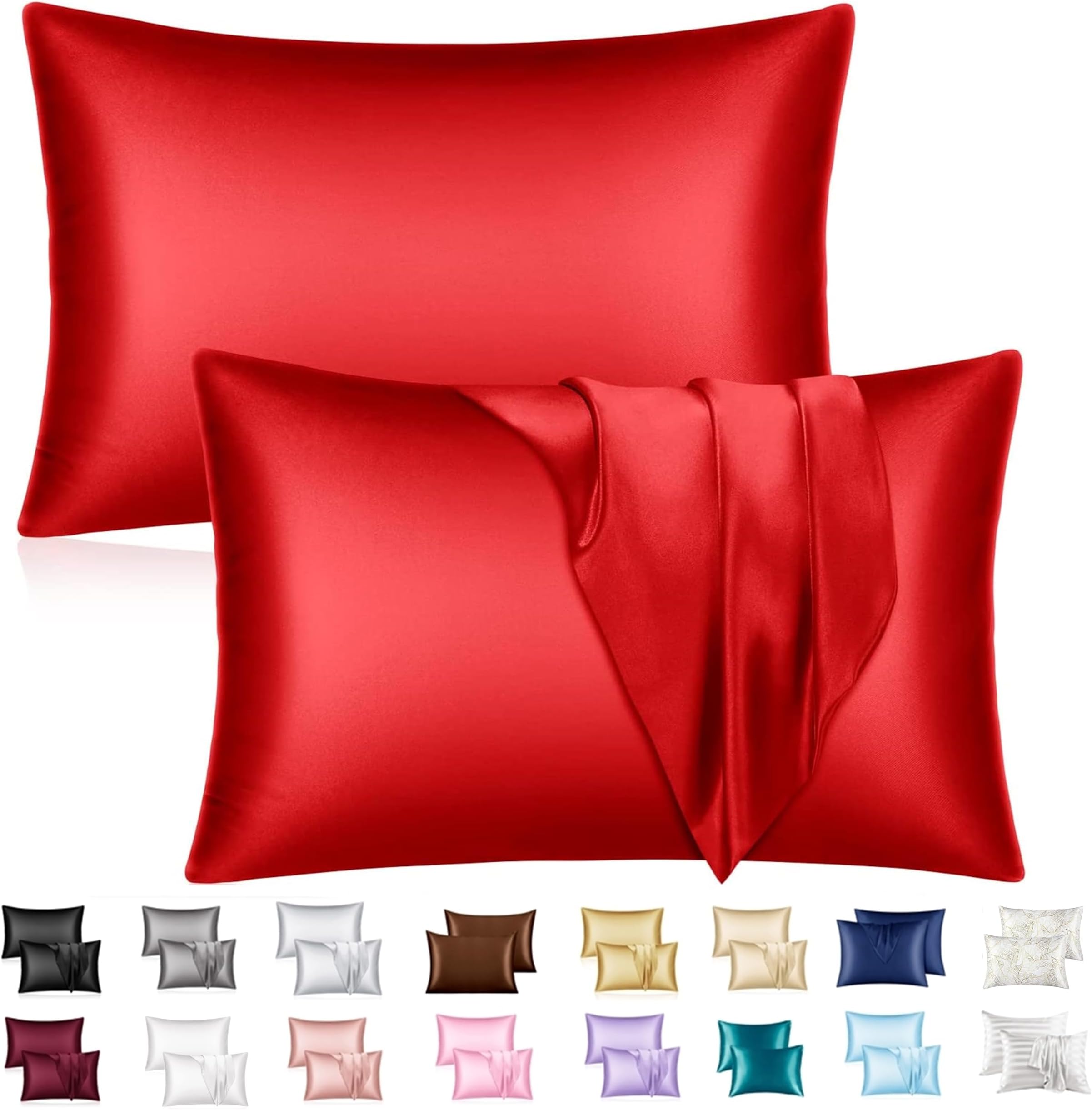 Sanoor Mulberry Satin Silk Pillowcase for Hair and Skin - Soft Breathable Smooth Both Sided Silk Pillow Cover Pair - Standard Size 50x75cm, 2pc (Red Scarlet, Standard)