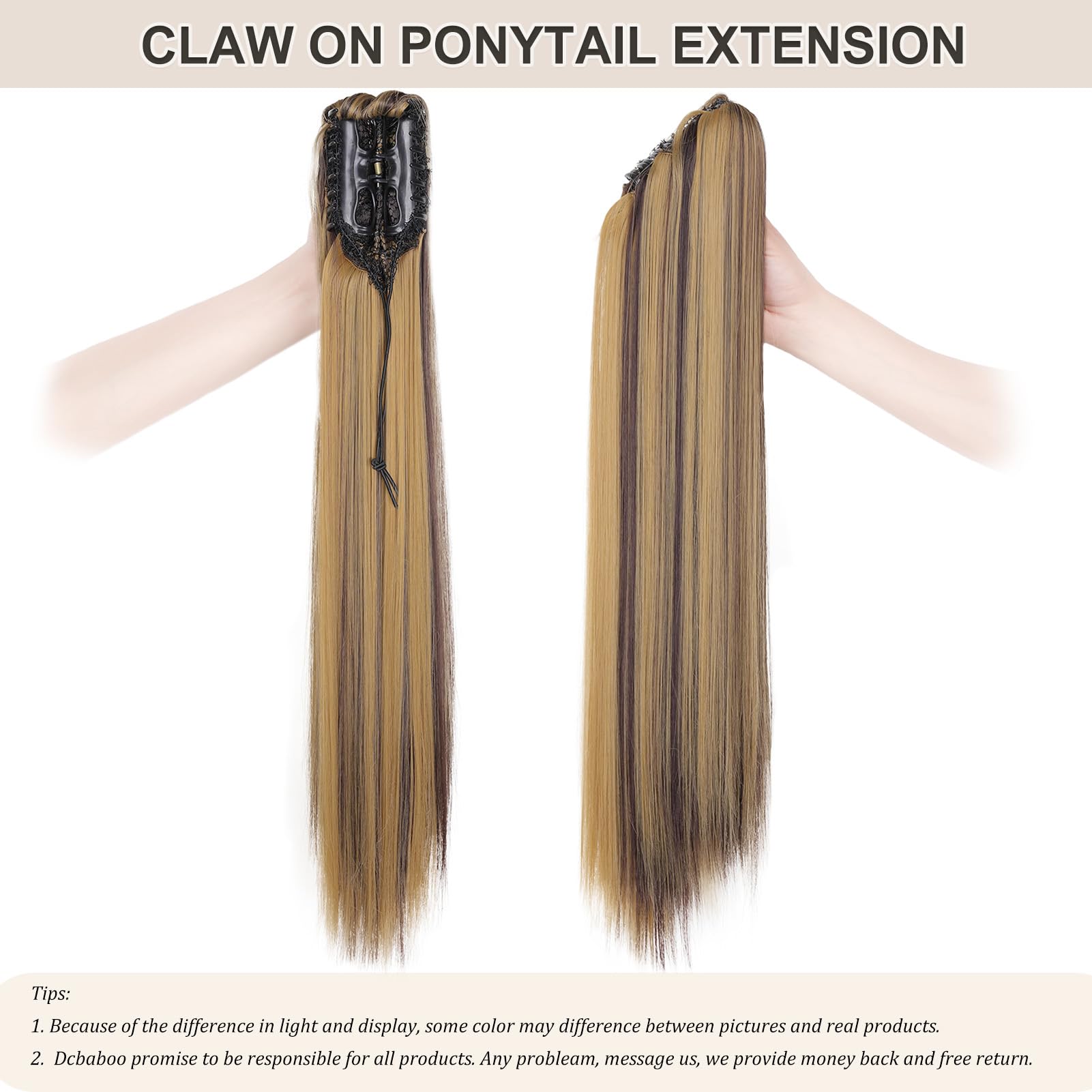 Dcbaboo 22inch Claw Clip in Ponytail Hair Extensions Long Straight Ponytail Extension Synthetic Pony tails Natural Wave One Piece Hairpiece Fake Ponytail for Women Dark Blonde & Medium Brown - Image 4
