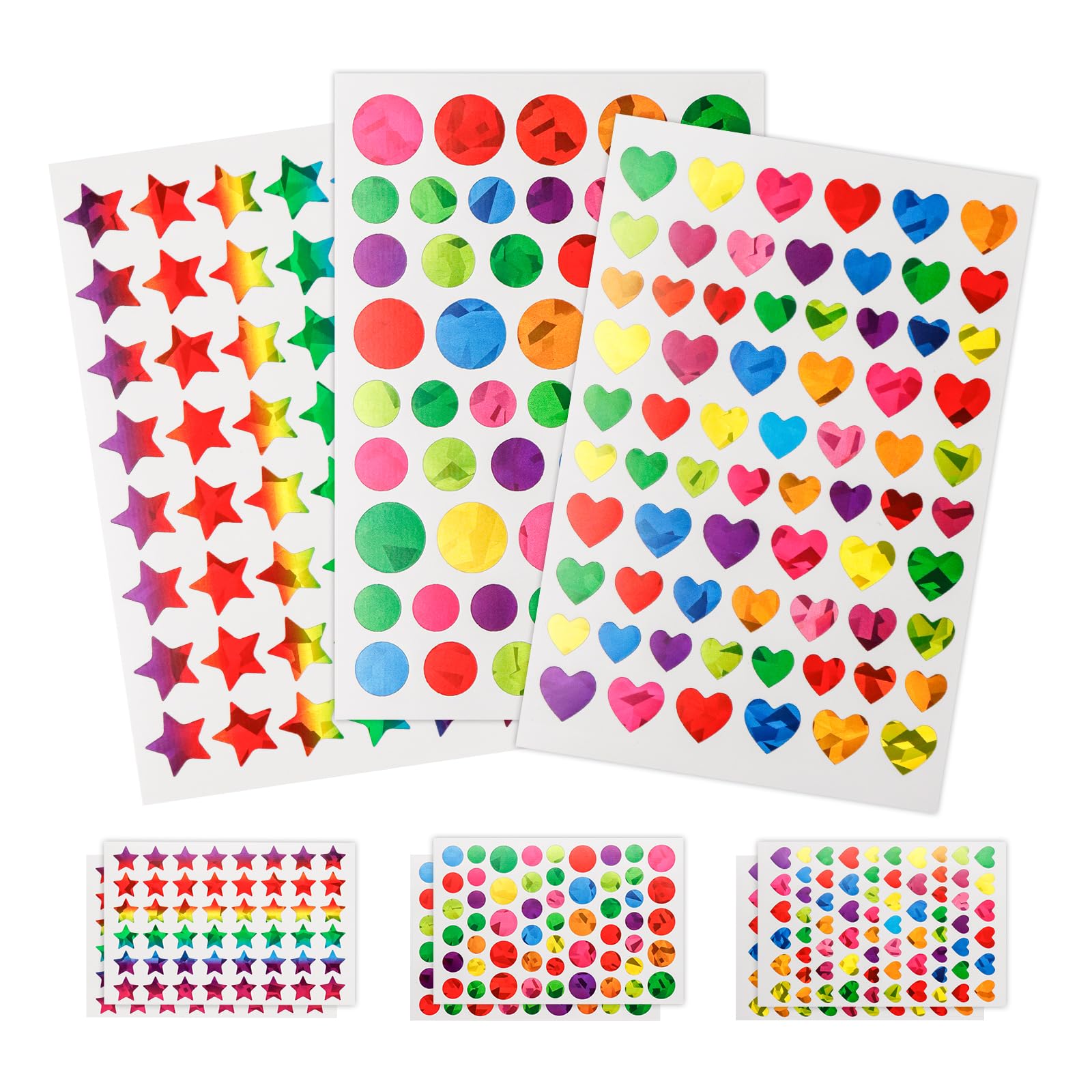 ZYDYRX 2430 Piezas Star Stickers Pegatinas Redondas Pegatinas Corazones Colores Estrellas Adhesivas Purpurina 3 Formas Pegatinas para DIY Scrapbooking Tarjetas Manualidades