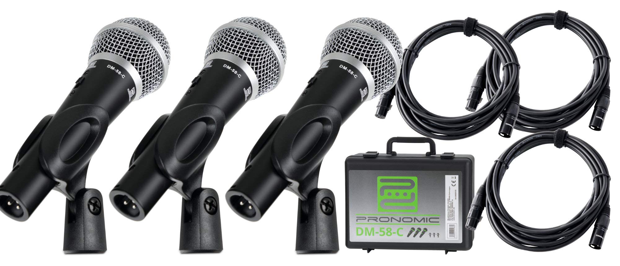 Pronomic DM-58-C Set 3 micrófonos dinámicos cardioide con cápsula elástica, interruptor, 3 cables XLR de 5 m y maletín. Color negro.