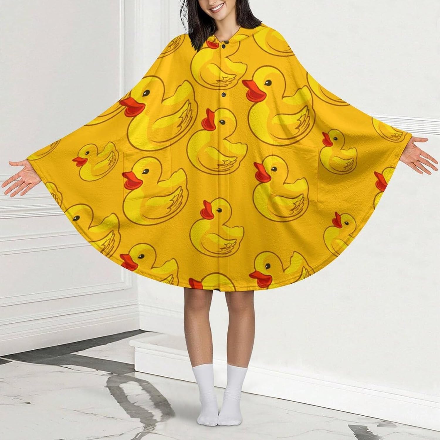 Rubber Yellow Duck Wearable Blanket with Hooded Flannel Blankets Cape with Pocket