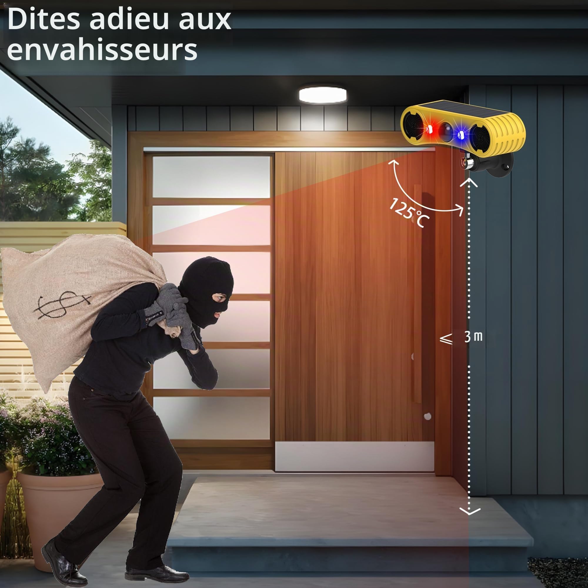 Alarme de détecteur de Mouvement Solaire extérieur - Alarme sonore de Coup de feu d'aboiement de Chien, 2 * 129 DB de Puissance, 4 Modes, lumière Rouge et Bleue (4 Pack)
