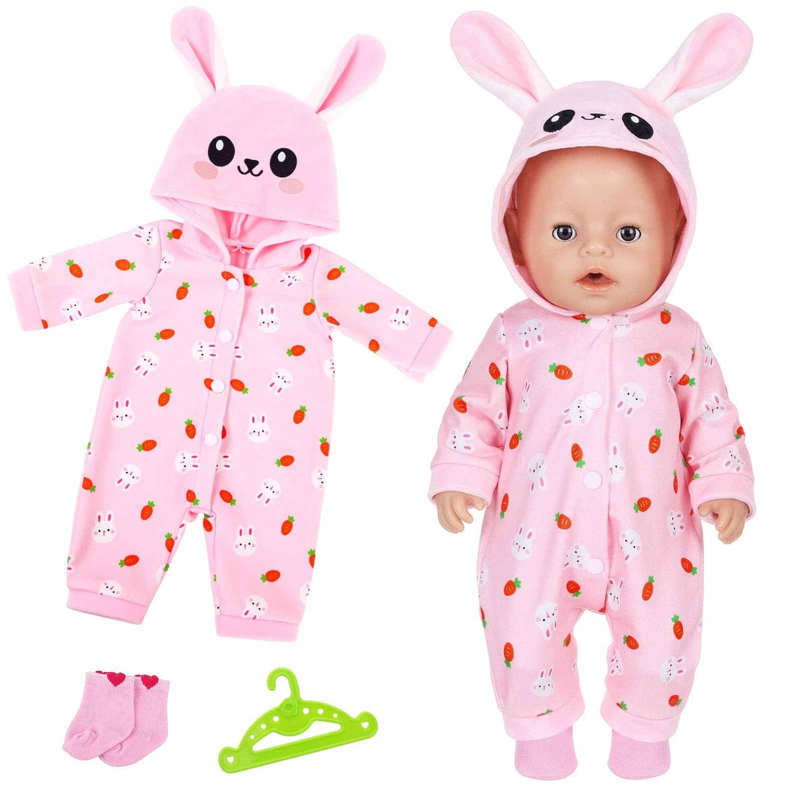 Baby Doll Clothes for 35–43 cm Dolls, Cute Rabbit Doll Clothes Outfits with Onesie Socks Clothes Hangers Baby Doll Accessories for 14-17 Inch New Baby Dolls, Girls' Birthday Gift