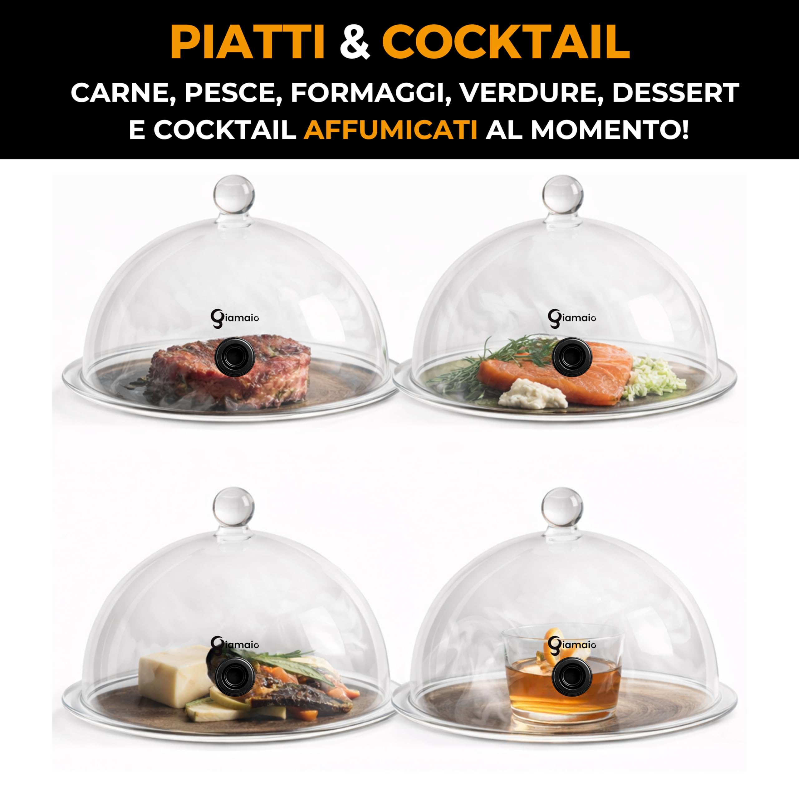 Domus - Set di 2 Cupole + 1 Disco Cocktail per Affumicatore da Cucina - Misure Campana Affumicatura di 25 e 18 cm - Compatibili con Affumicatore a Freddo Fumus + Ricettario Digitale