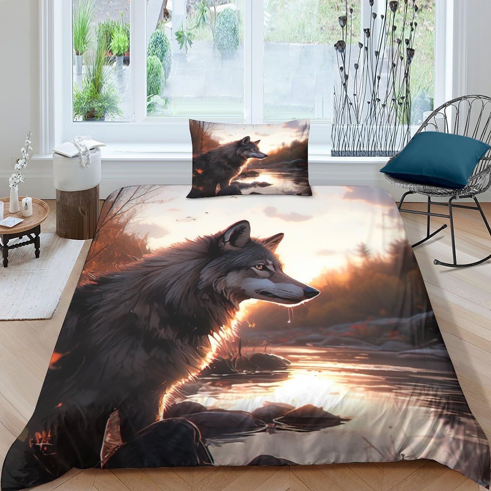 Housse de couette loup pour enfant en microfibre avec taie d'oreiller